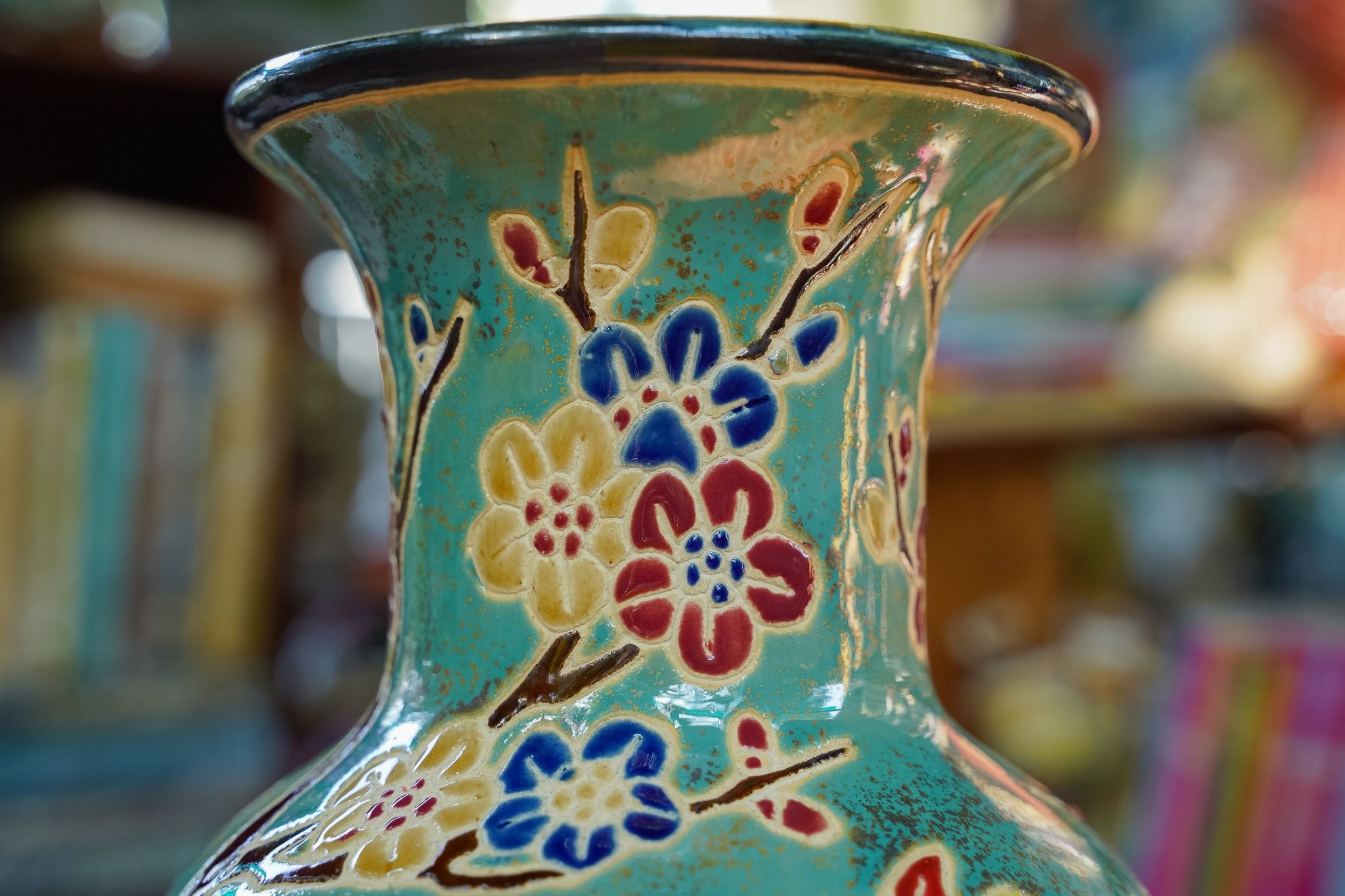  Bình Mai Điểu, hoa mai vàng, xanh đồng trổ bông, gốm mỹ nghệ Nam Bộ, C40 cm 