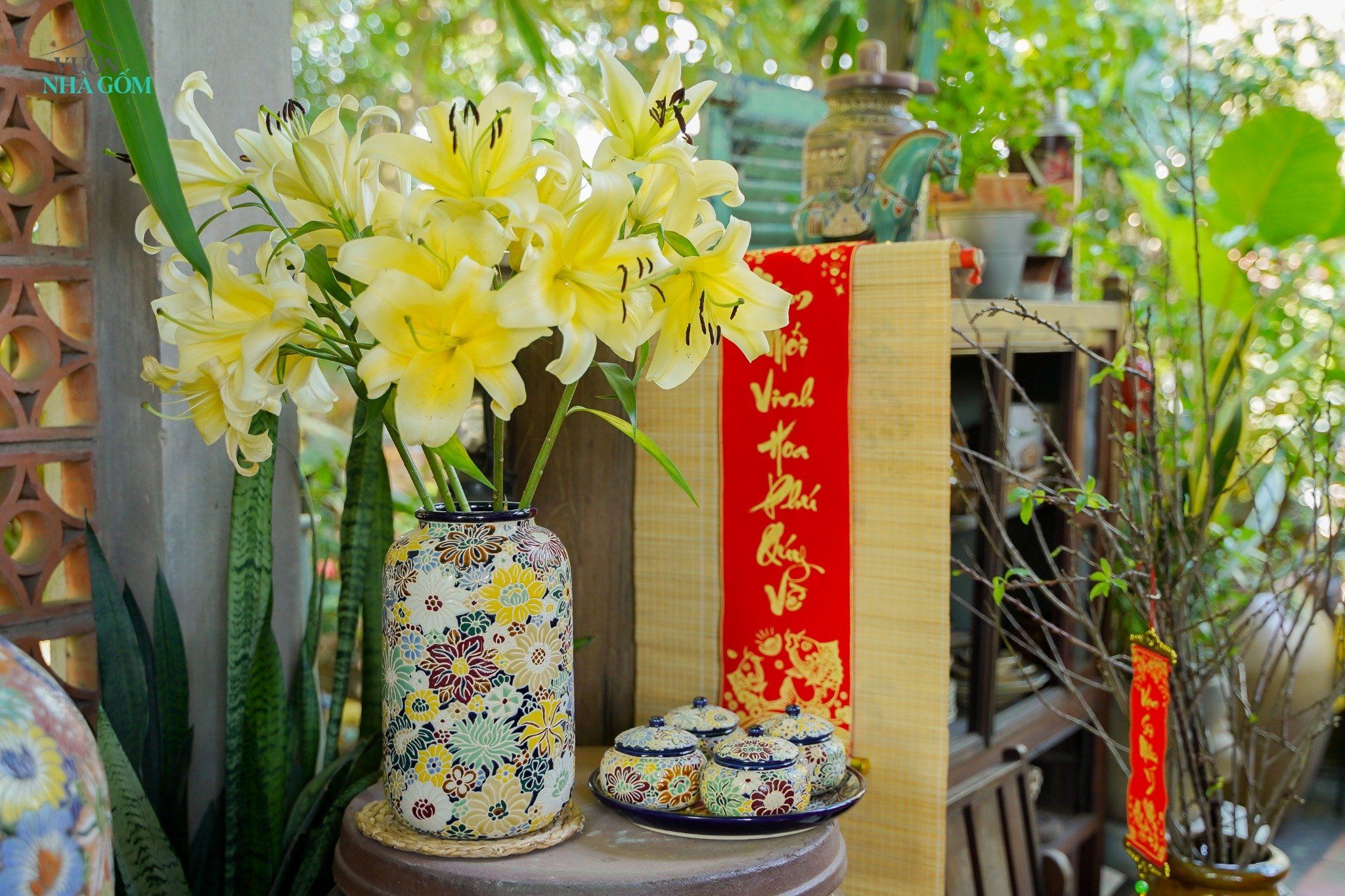  Bình khắc Bách Hoa thủ công, cắm hoa, trang trí Tết, gốm Thủ Biên, C30 x R11cm 