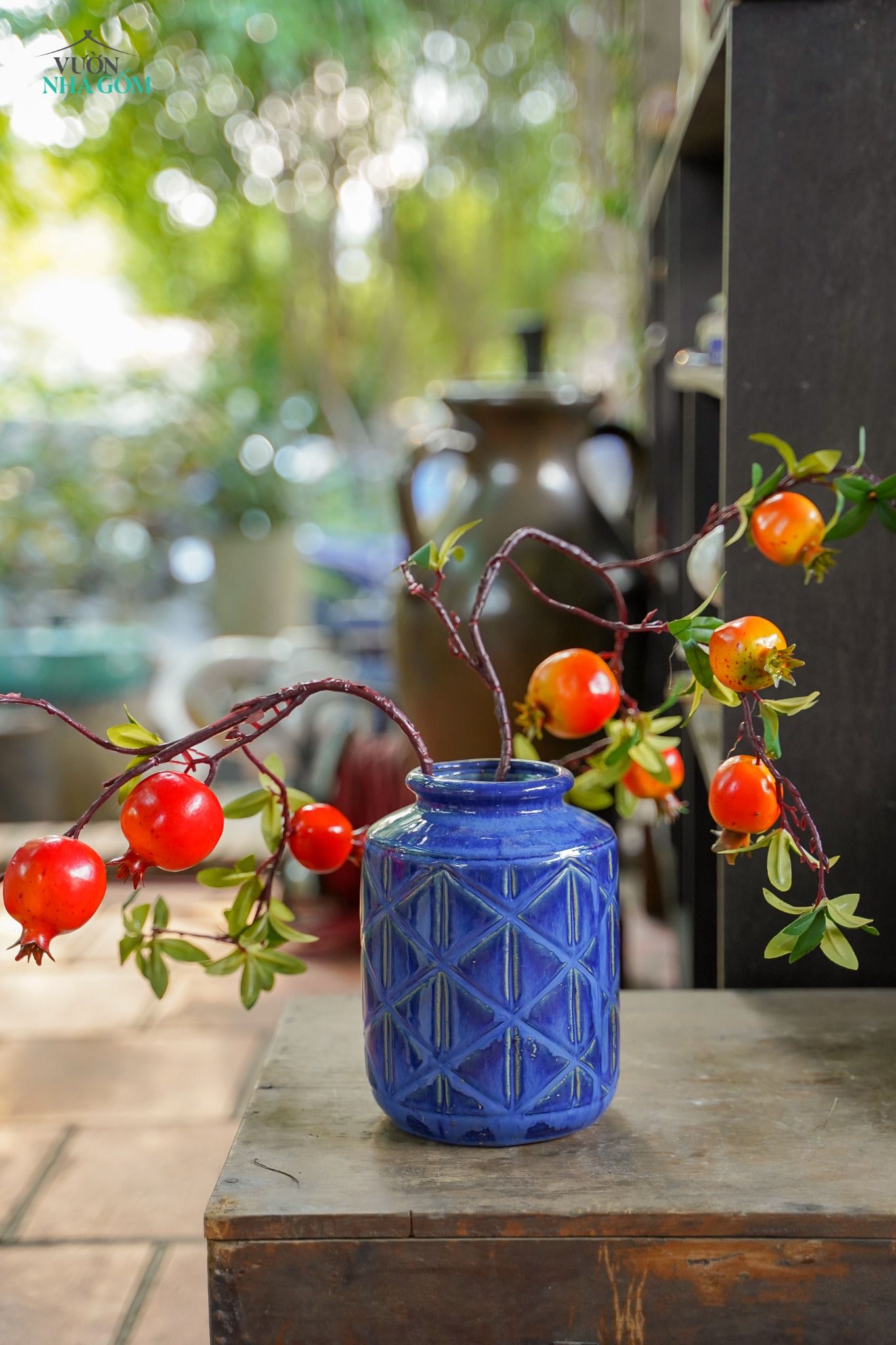 Bình trụ hình thoi xanh dương, cắm hoa trang trí, C19xR14xM9 cm