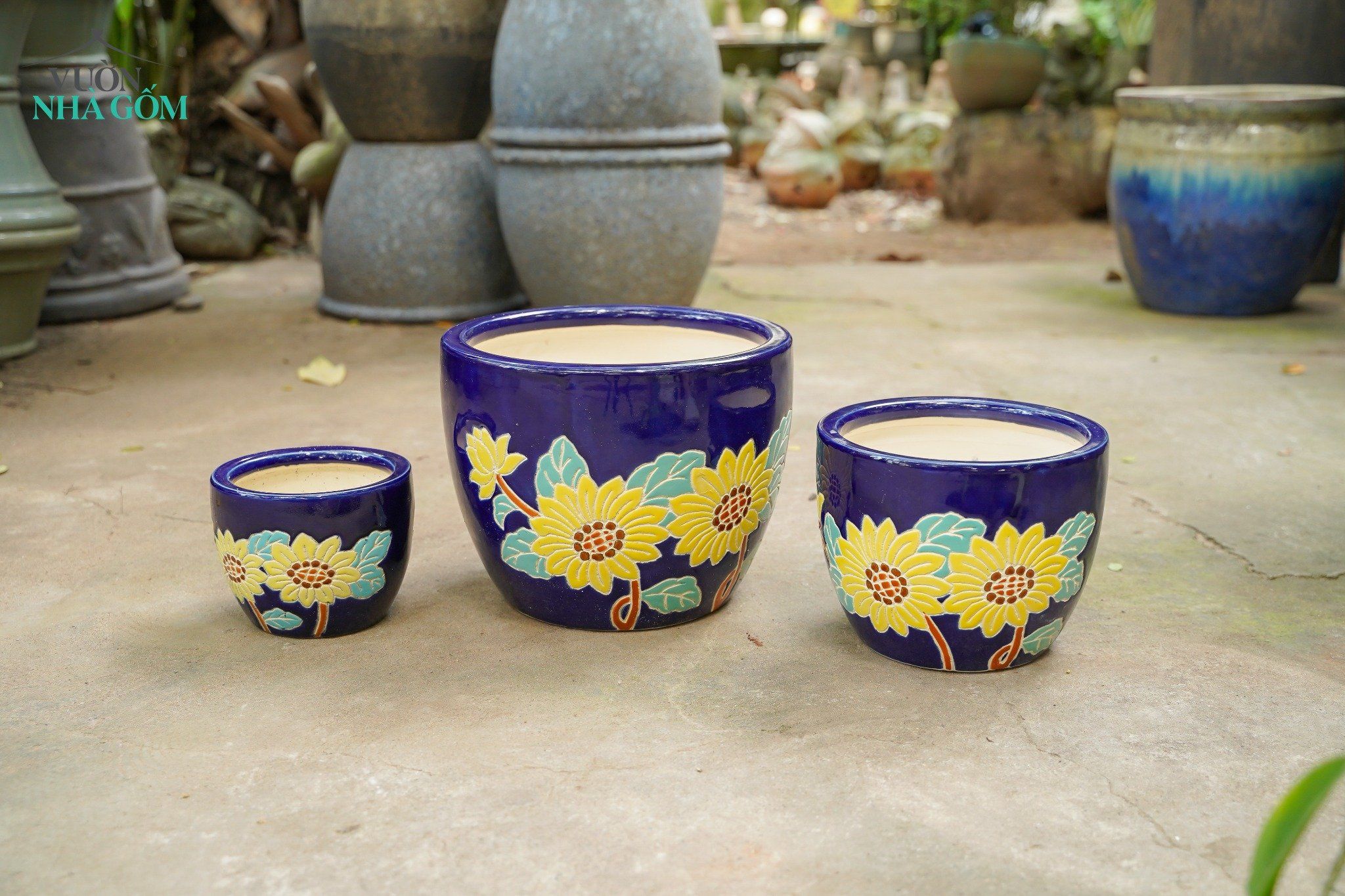 Chậu men dày chắc, đề tài Mùa Xuân, Tết Giáp Thìn, bộ 3 chậu trồng cây