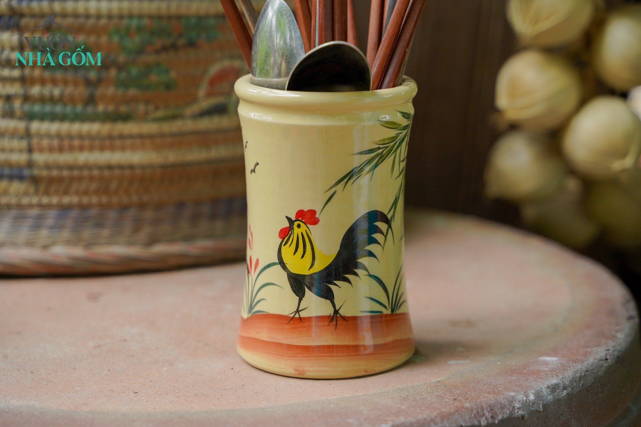 Ống đũa vẽ tay Con Gà, sản xuất thủ công, gốm Thủ Biên, C15 x R10cm