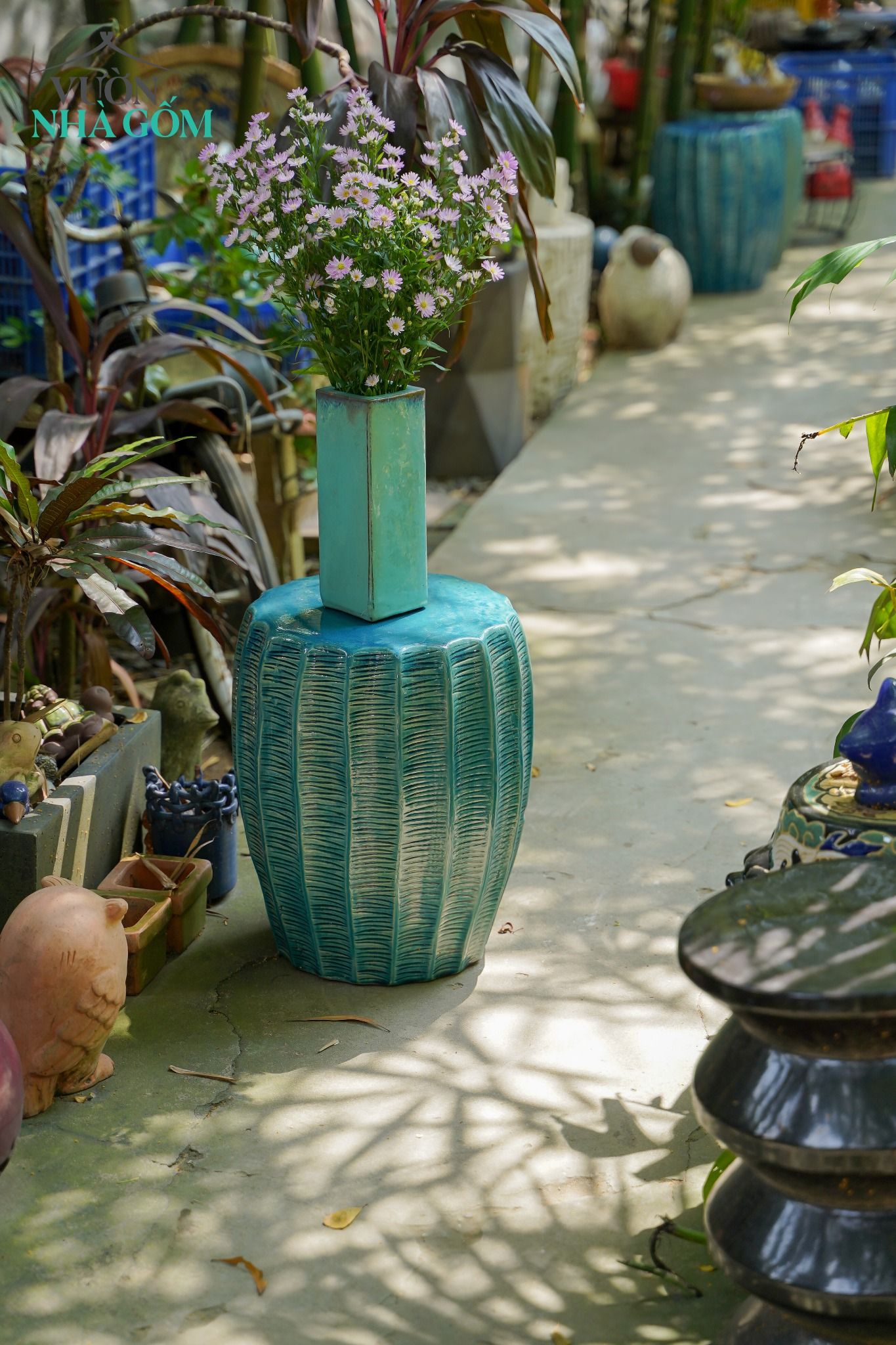 Đôn gốm họa tiết lá dương xỉ, gốm Nam Bộ, C43cm x R30cm