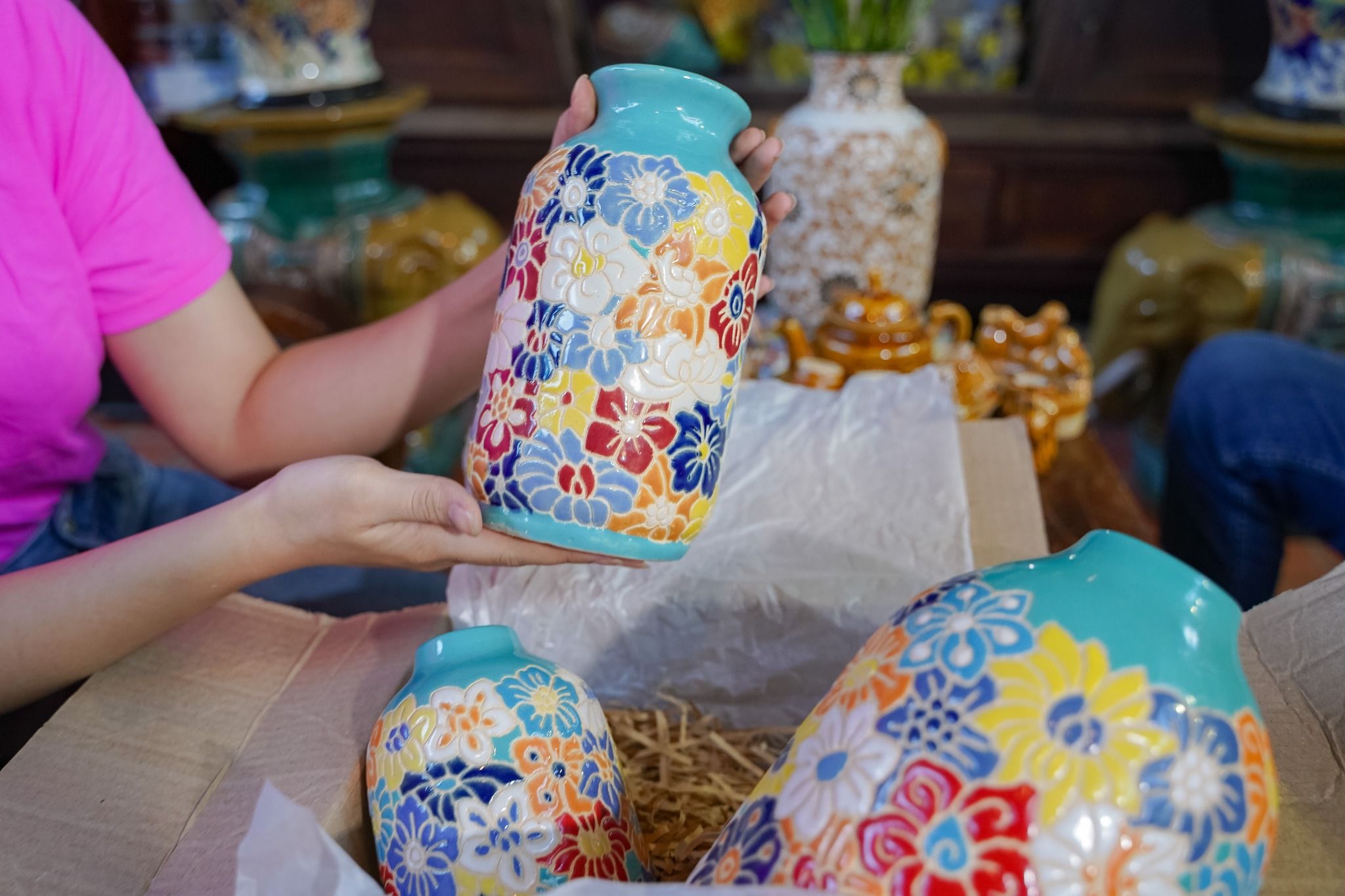 Quà tặng Tết - Bộ 3 bình khắc thủ công Bách Hoa cổ xanh, tượng trưng may mắn, tài lộc, phú quý