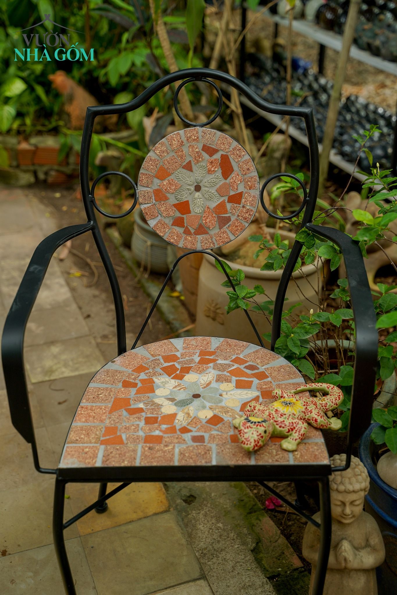 Mosaic hiện đại, ghế ghép gốm có lưng gạch cam, C46xD58xR42cm