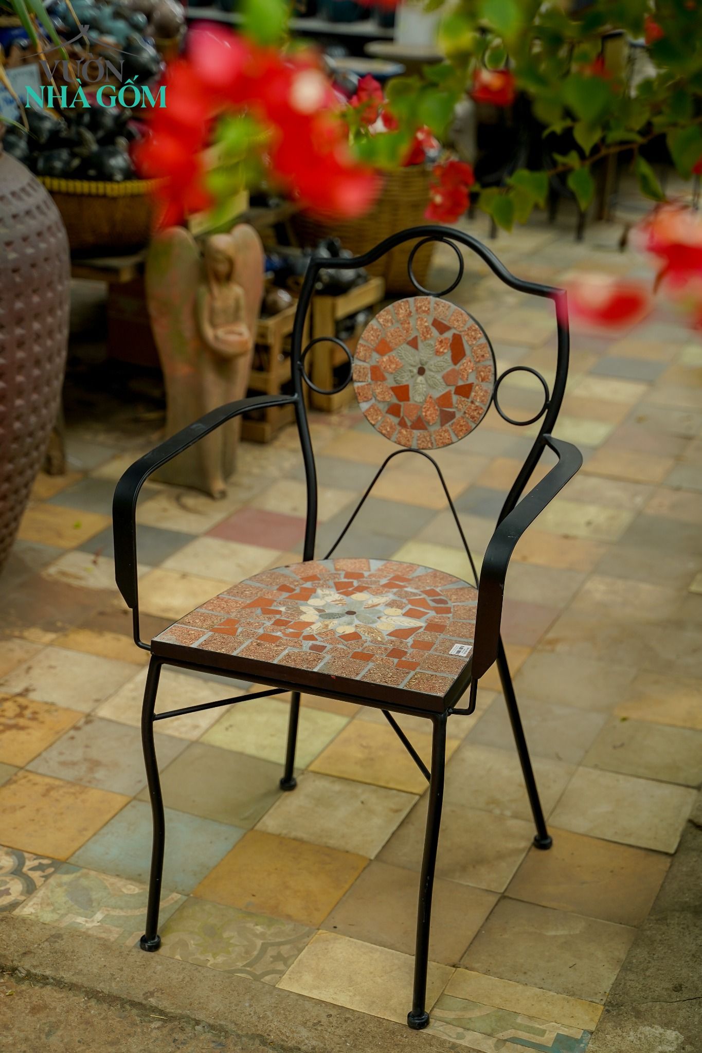 Mosaic hiện đại, ghế ghép gốm có lưng gạch cam, C46xD58xR42cm