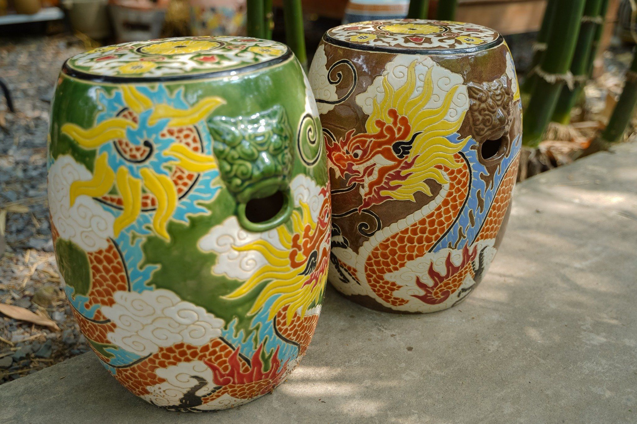 Đôn trống Song Long Tranh Châu tay cầm hình khối, gốm mỹ nghệ Nam Bộ, C45 x R35cm