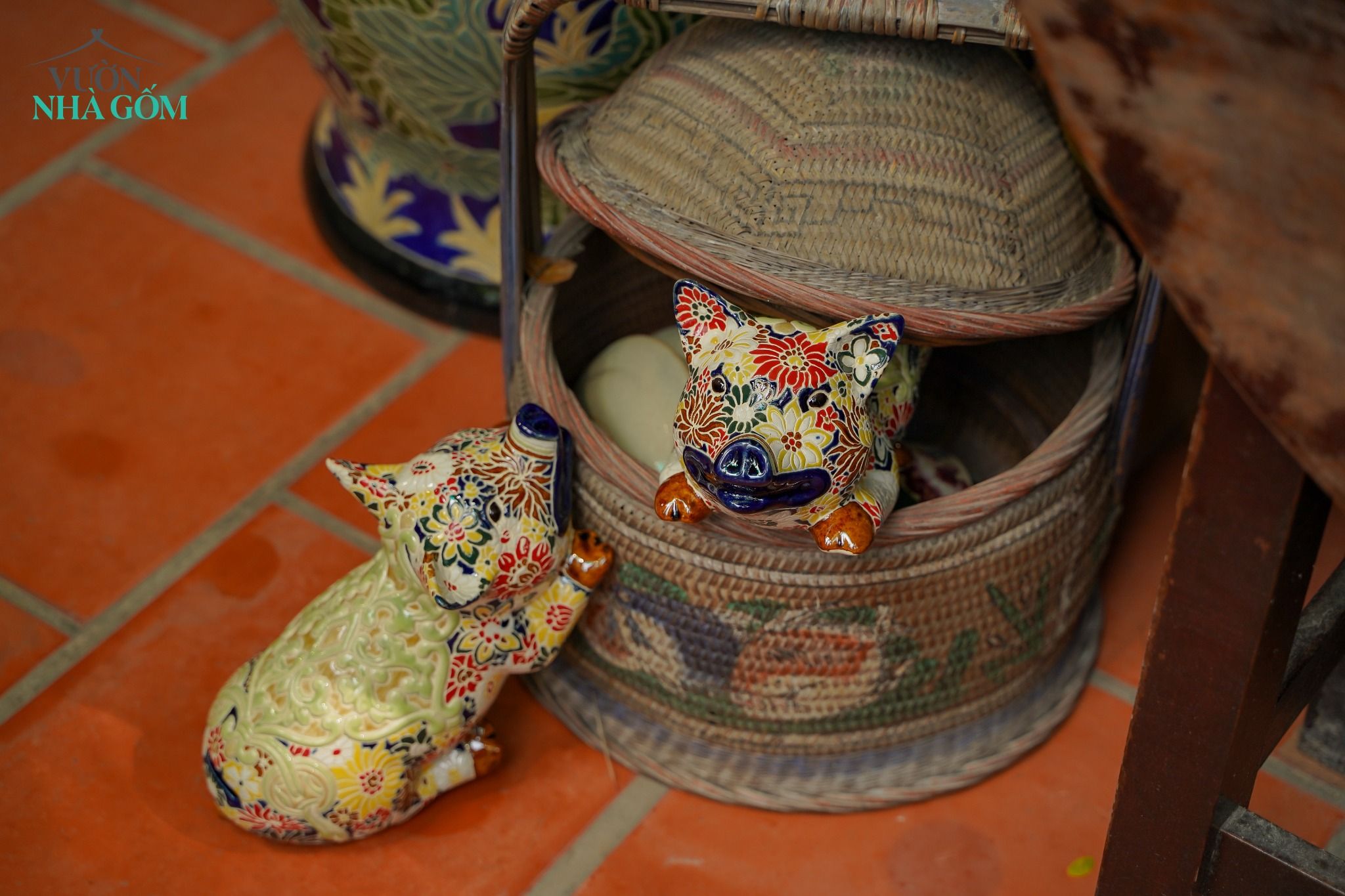 Heo gốm Bách hoa hoàng kim, gốm Thủ Biên, gốm mỹ nghệ trang trí, làm quà tặng, D28cm