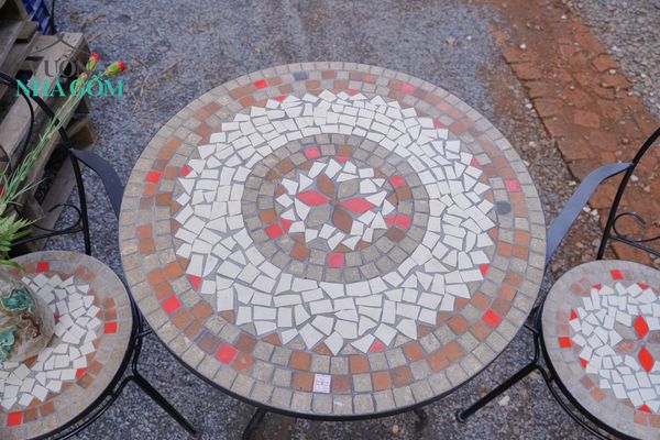 Bàn tròn gạch đỏ, gốm Mosaic, R60cm 