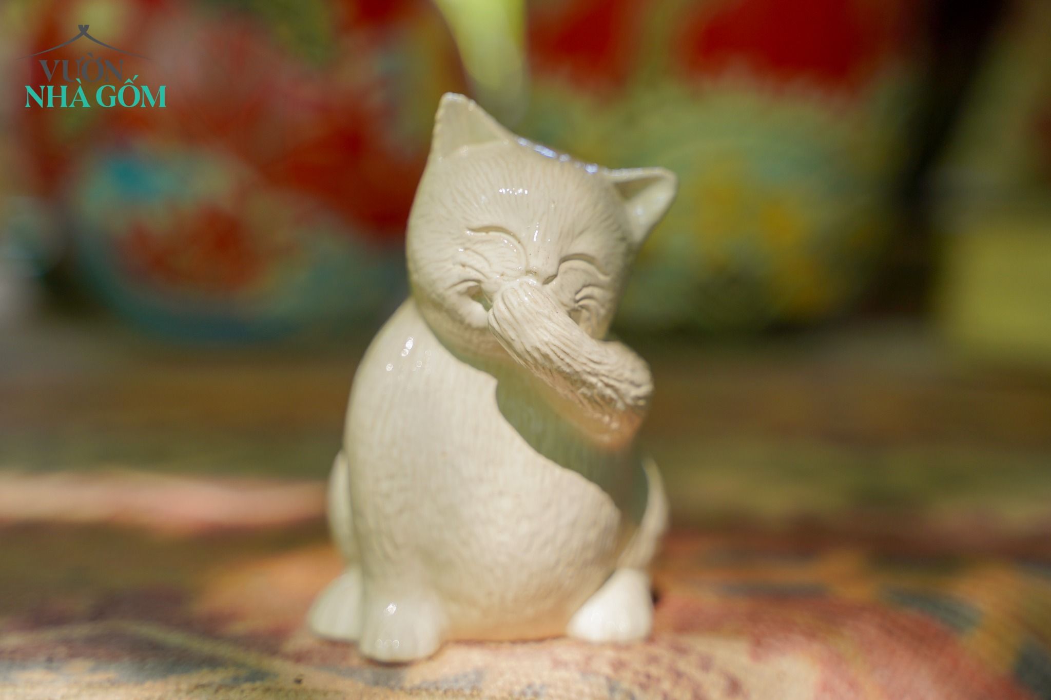 Bộ tượng Mèo Tam Không vui vẻ, màu xanh lá - xanh dương - trắng, xưởng Thủ Biên, C11cm x R7cm