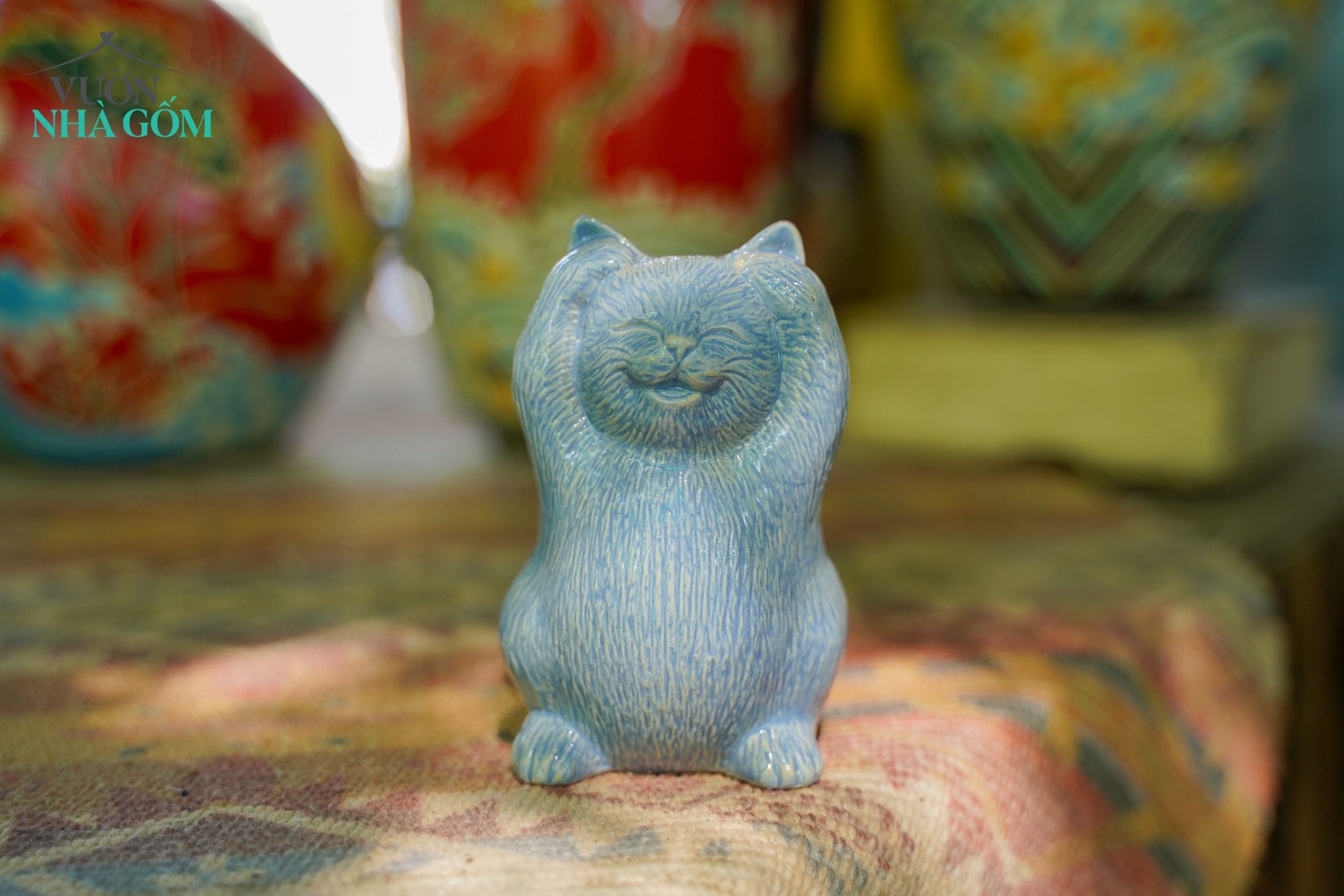 Bộ tượng Mèo Tam Không vui vẻ, màu xanh lá - xanh dương - trắng, xưởng Thủ Biên, C11cm x R7cm