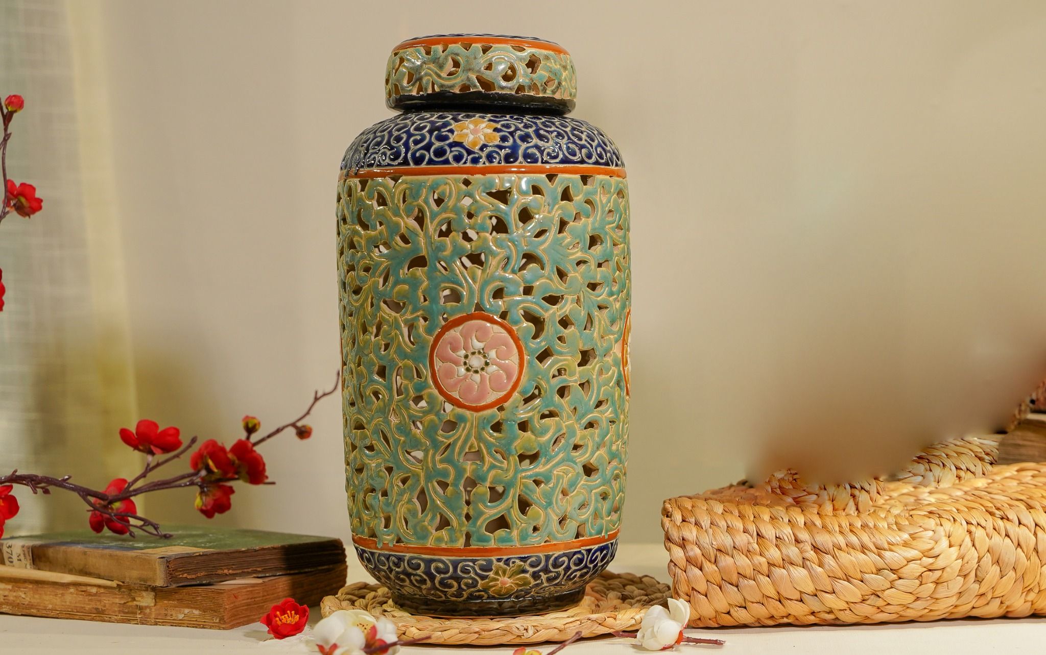 Bình bí lọng xanh đồng dáng trụ, lọng đèn trang trí, gốm thủ công Nam Bộ, C28cm