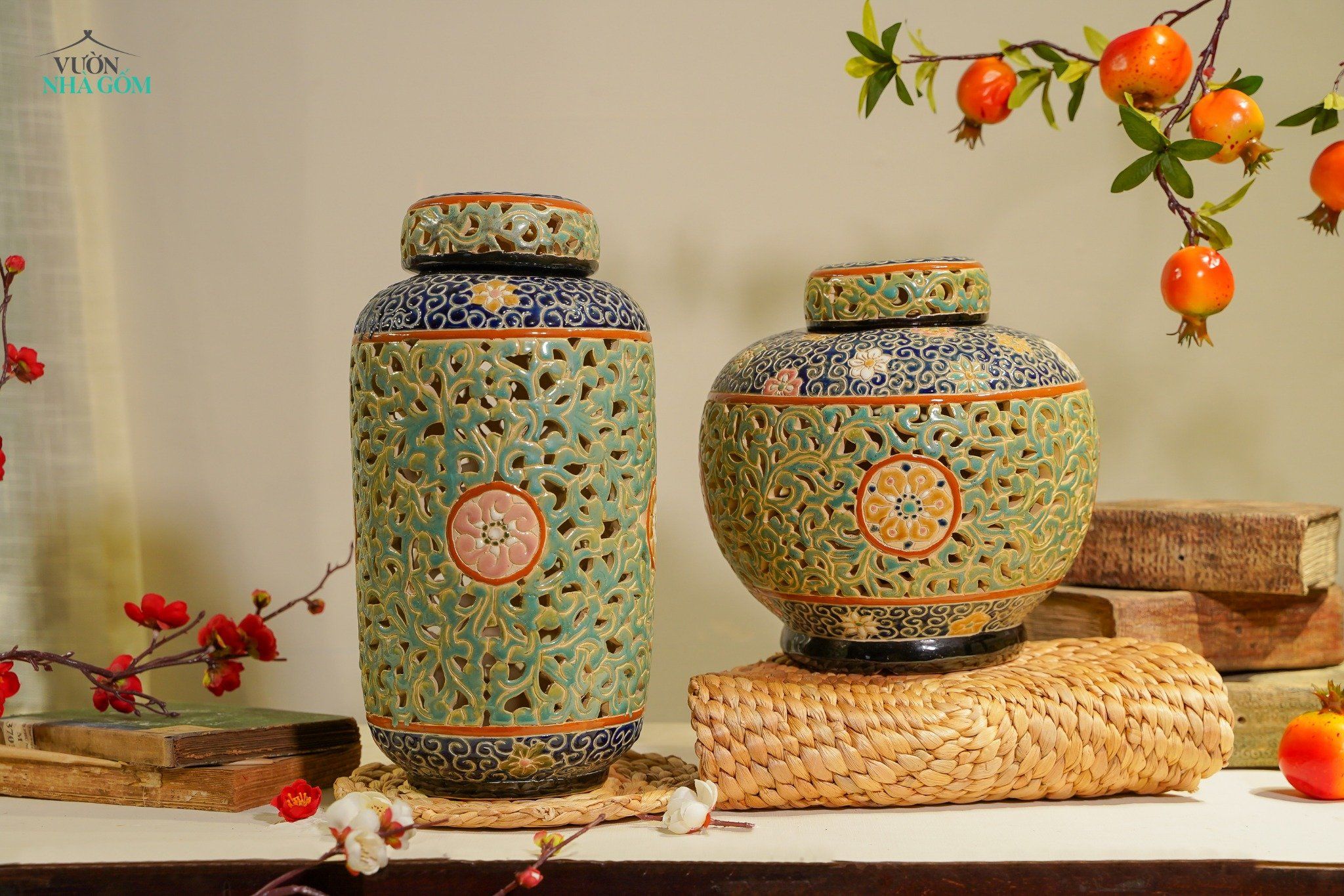 Bình bí lọng xanh đồng dáng trụ, lọng đèn trang trí, gốm thủ công Nam Bộ, C28cm