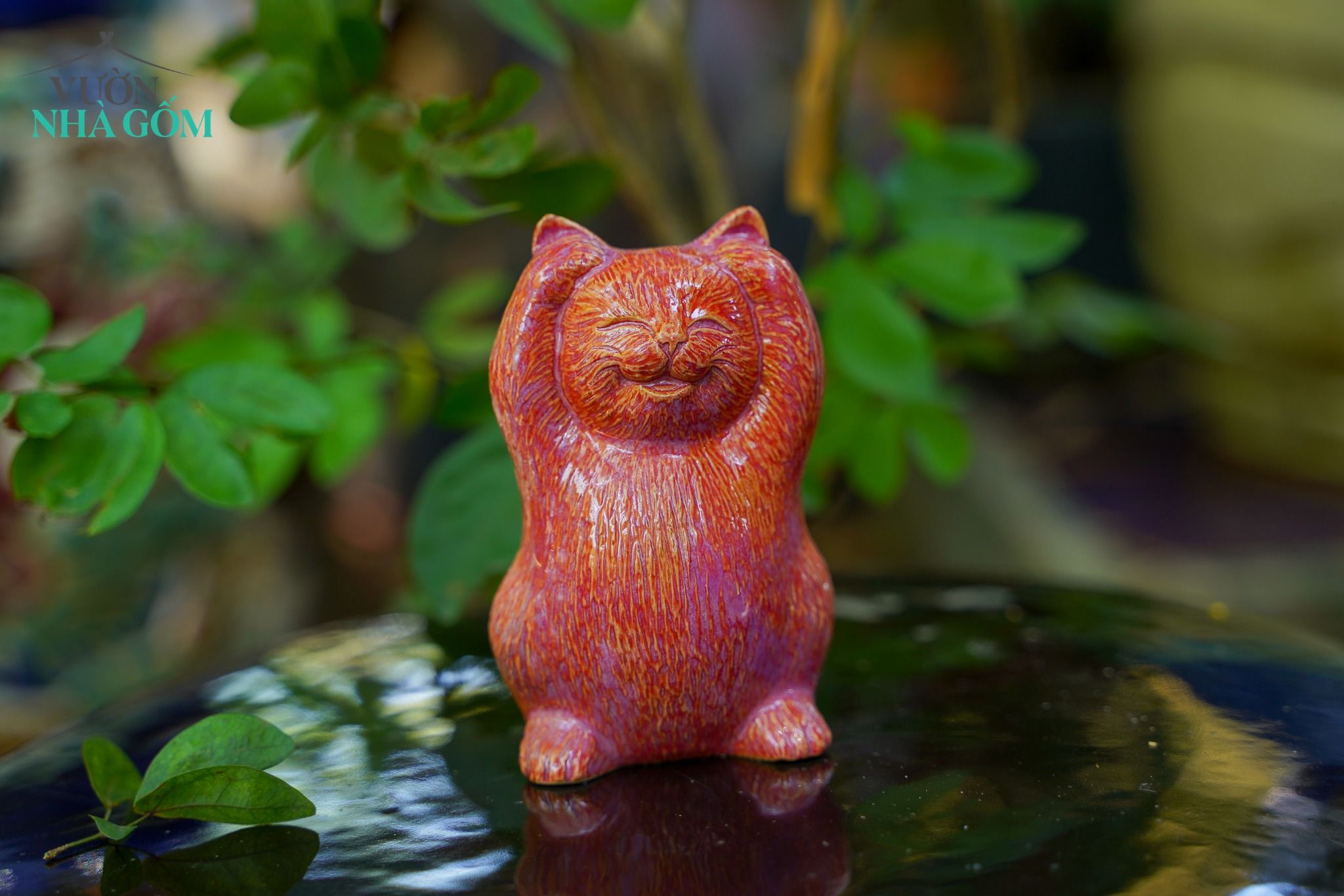 Bộ tượng Mèo Tam Không vui vẻ, màu đỏ - xanh lá - trắng, xưởng Thủ Biên, C11cm x R7cm- SP002208