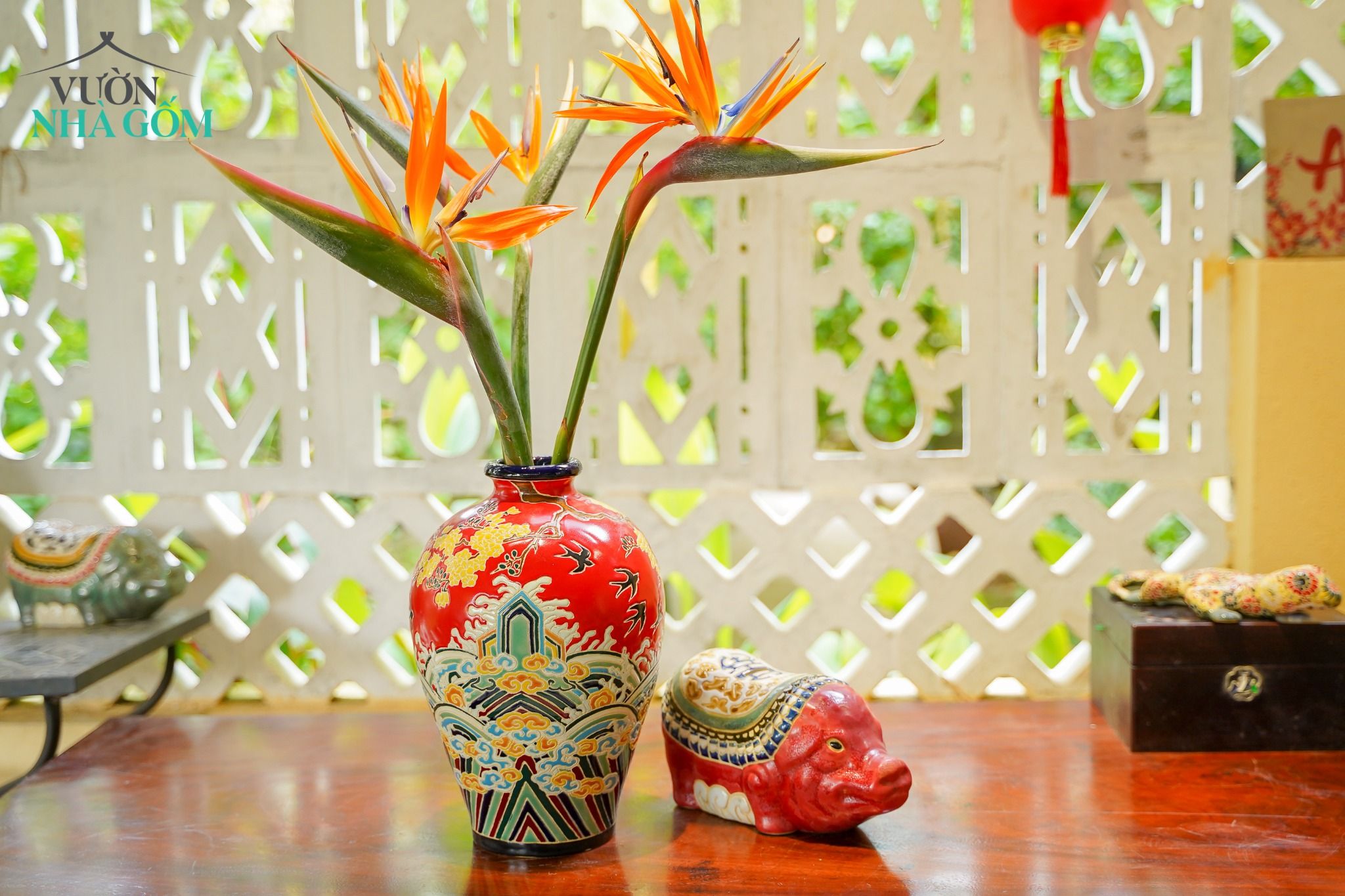 Heo gốm dáng Đông Hồ nhiều màu, gốm thủ công mỹ nghệ Nam Bộ, D27cm- 0101dh3011