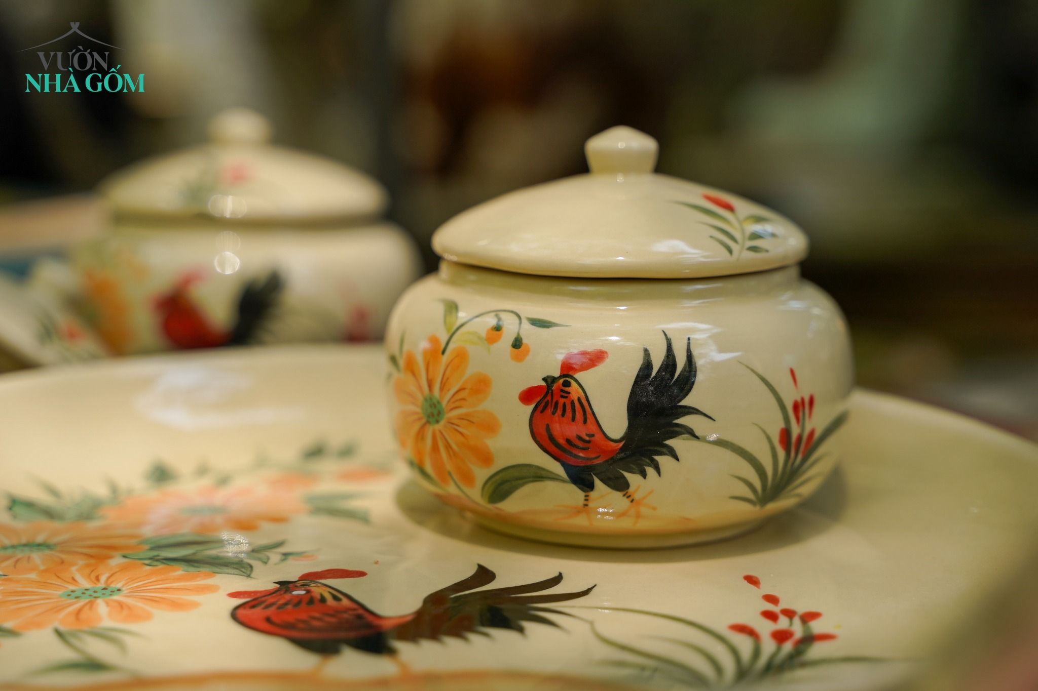 Hũ gốm, hũ mứt vẽ gà thủ công truyền thống, gốm Thủ Biên Nam Bộ, gốm Lái Thiêu, C9xR8cm