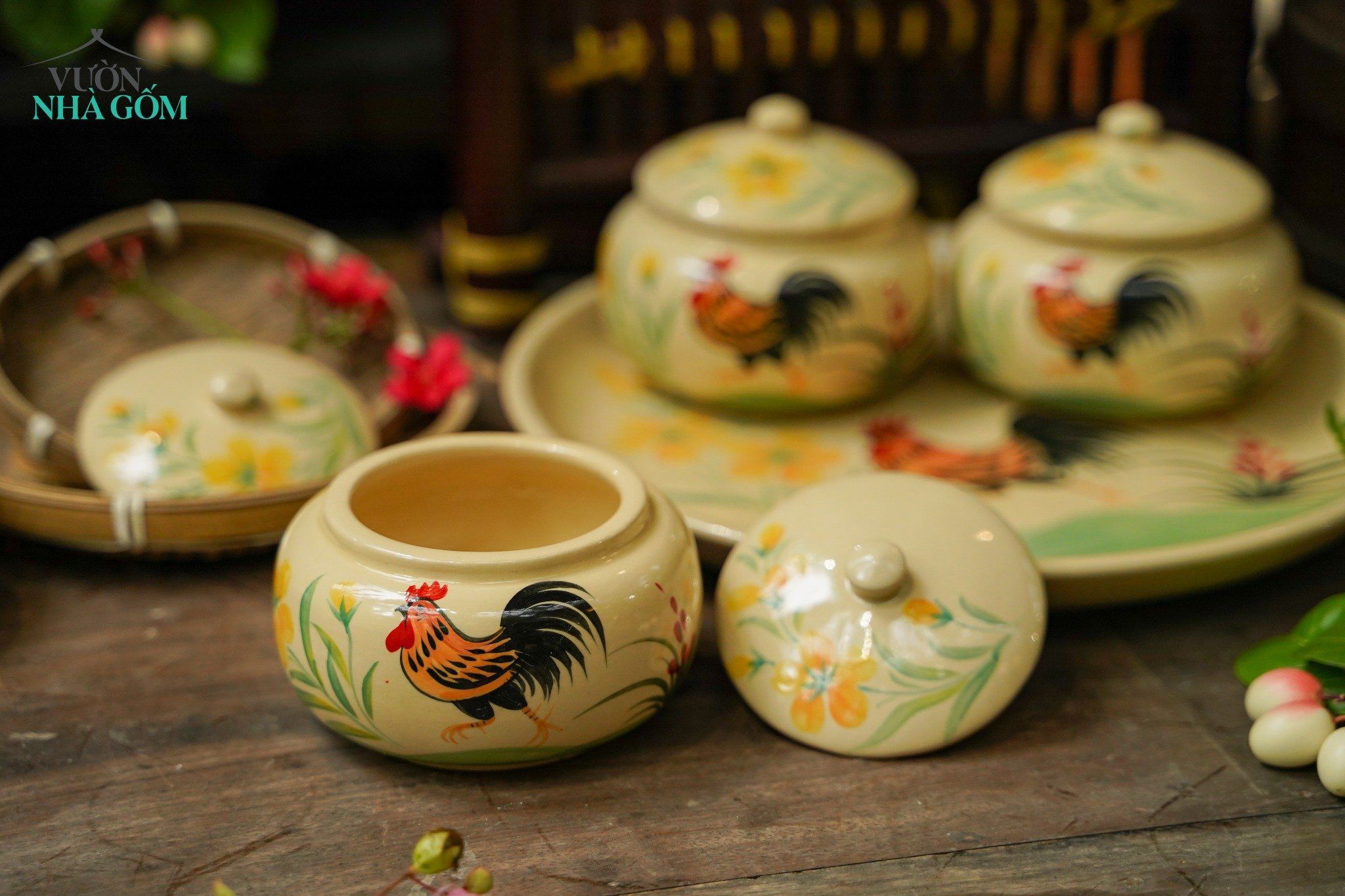 Hũ gốm, hũ mứt vẽ gà thủ công truyền thống, gốm Thủ Biên Nam Bộ, gốm Lái Thiêu, C9xR8cm