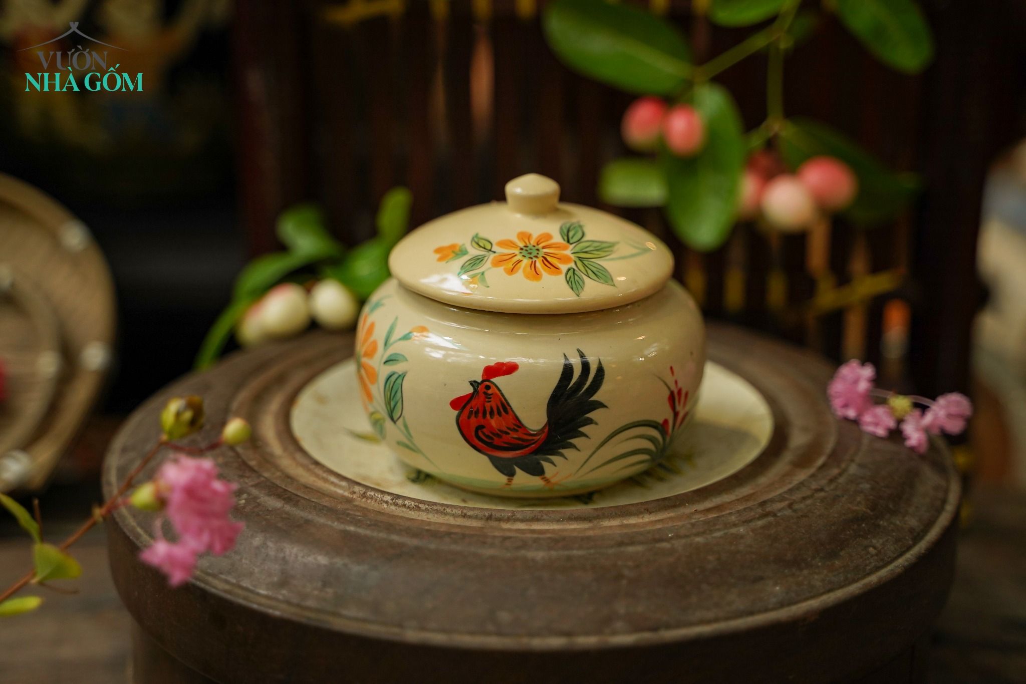 Hũ gốm, hũ mứt vẽ gà thủ công truyền thống, gốm Thủ Biên Nam Bộ, gốm Lái Thiêu, C9xR8cm