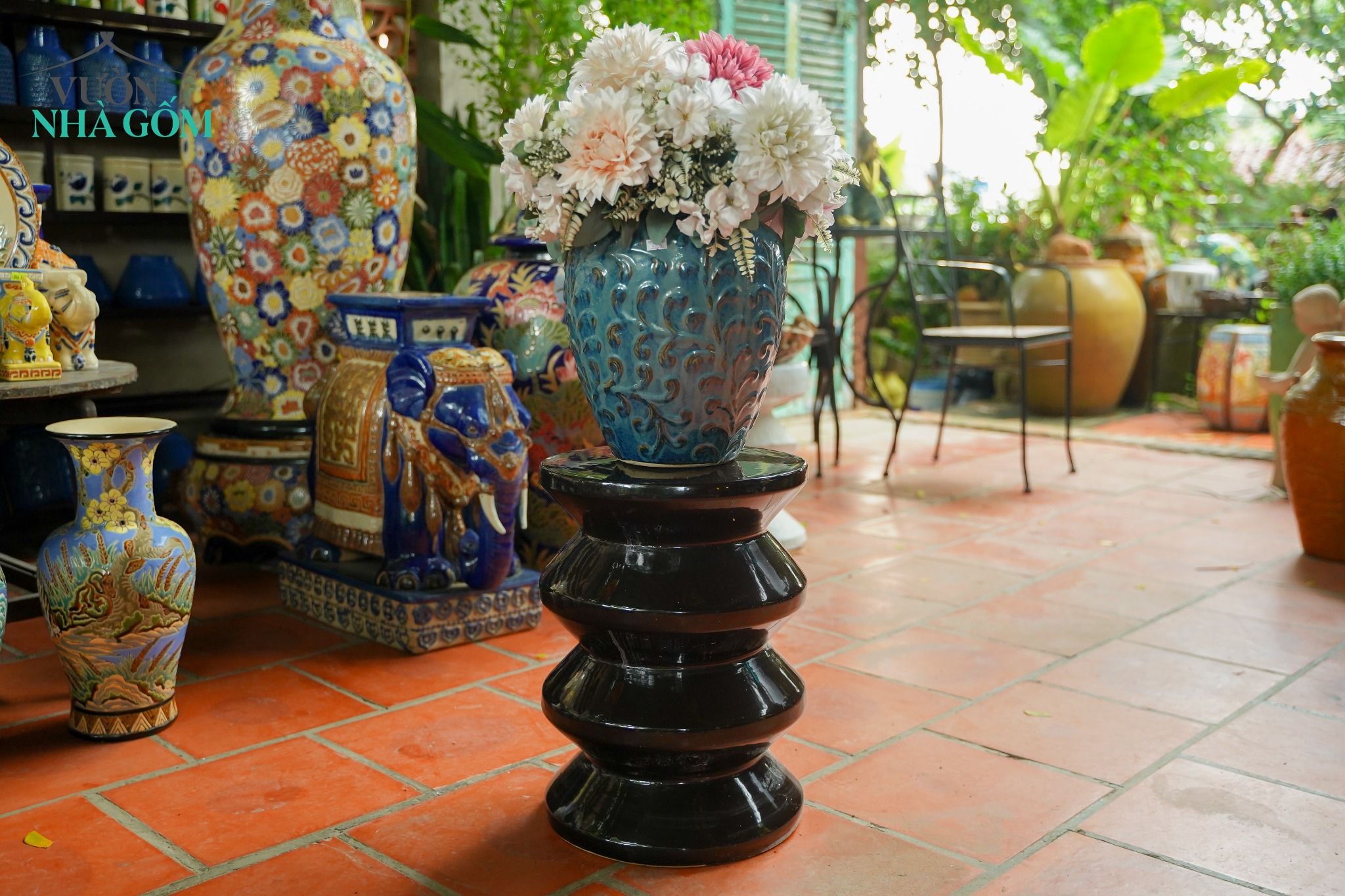 Đôn gốm dáng lò xo chiết eo, gốm Nam Bộ, C43cm x R30cm