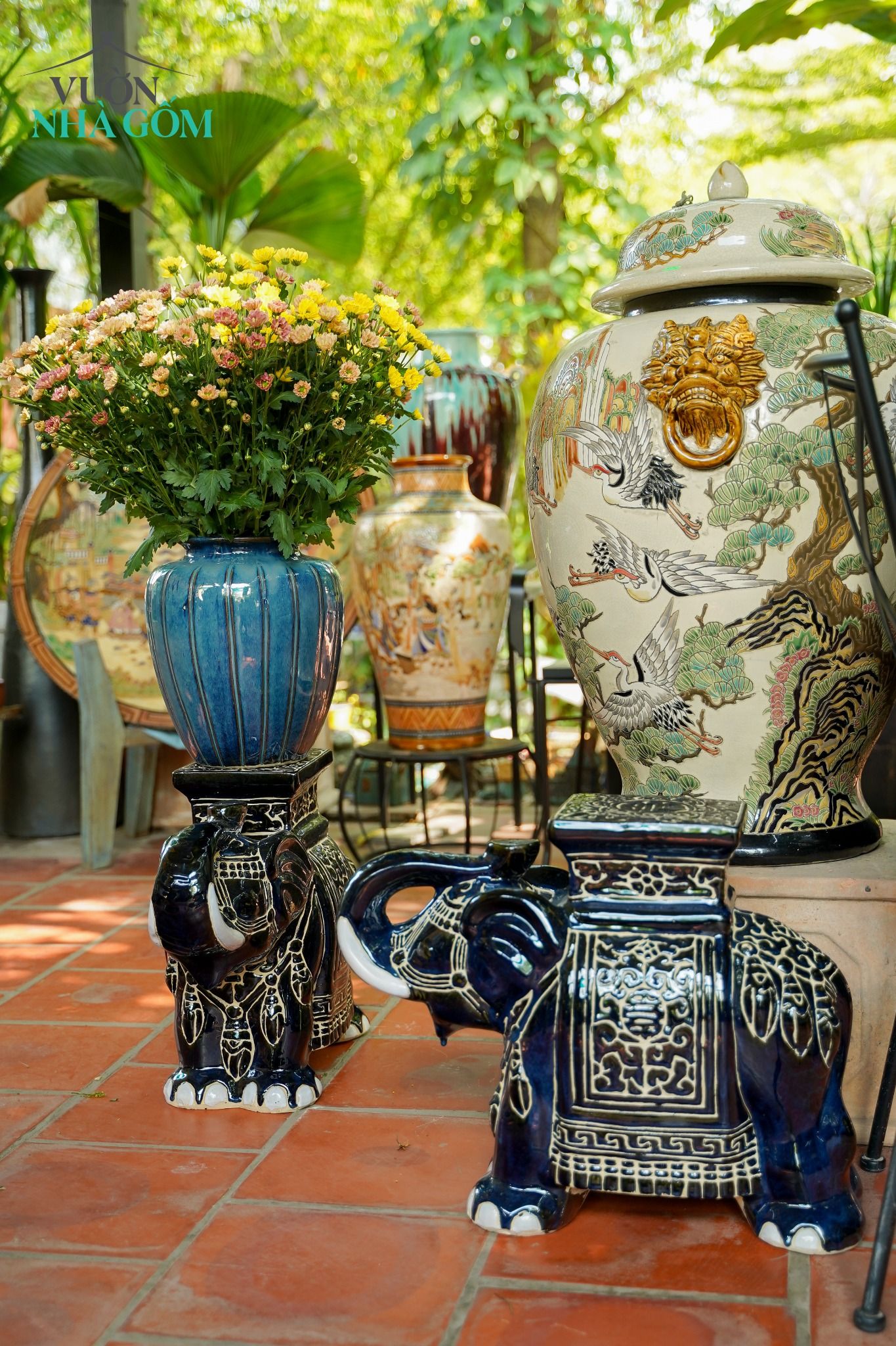 Ché bổ ô xanh dương, cắm hoa trang trí, C30xR23xM17 cm