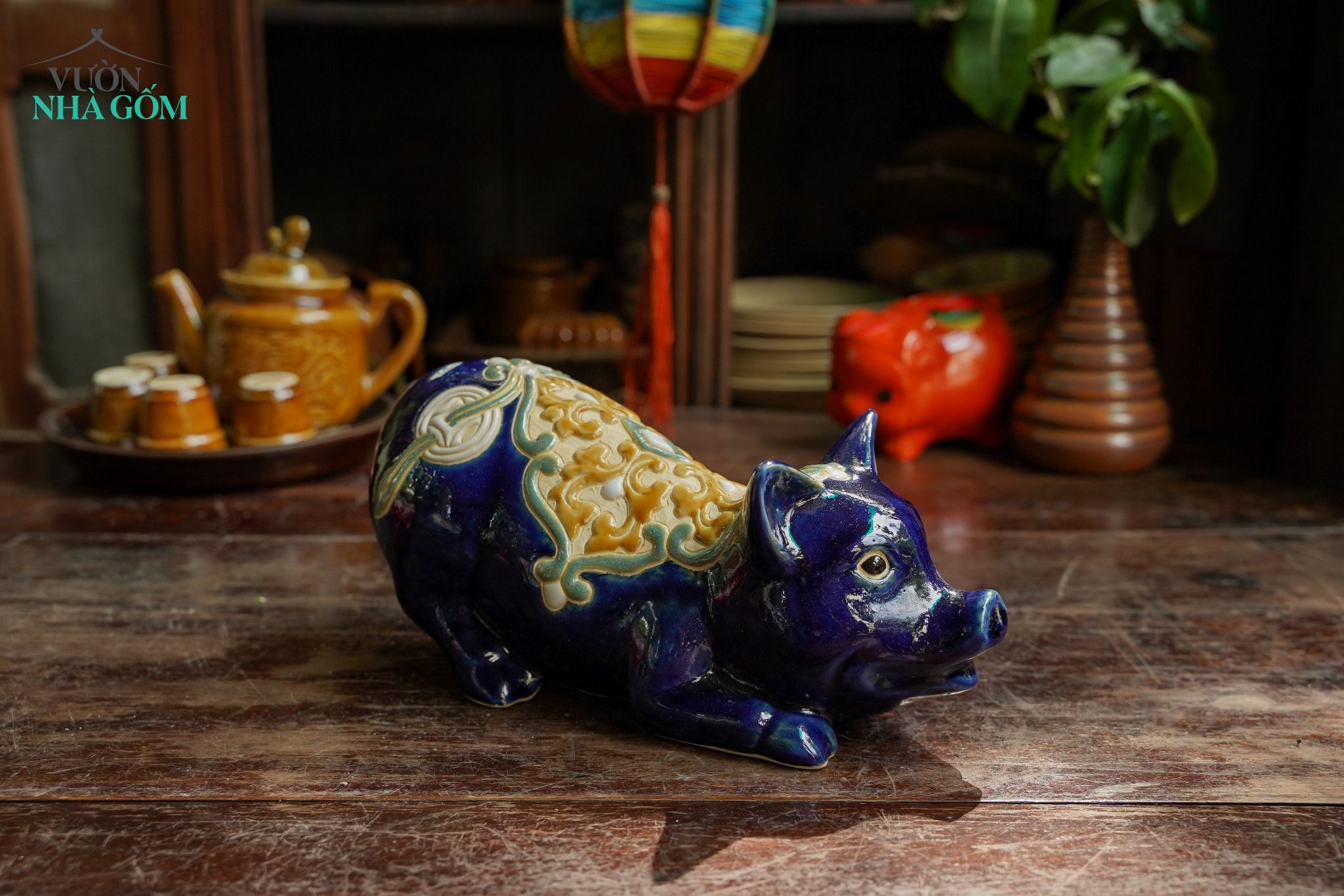 Heo gốm mỹ nghệ bỏ ông nhiều màu, gốm thủ công Nam Bộ, D27cm- 0101l5n022