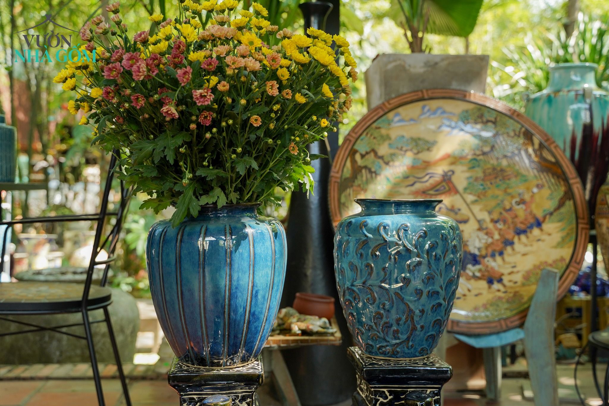 Ché bổ ô xanh dương, cắm hoa trang trí, C30xR23xM17 cm