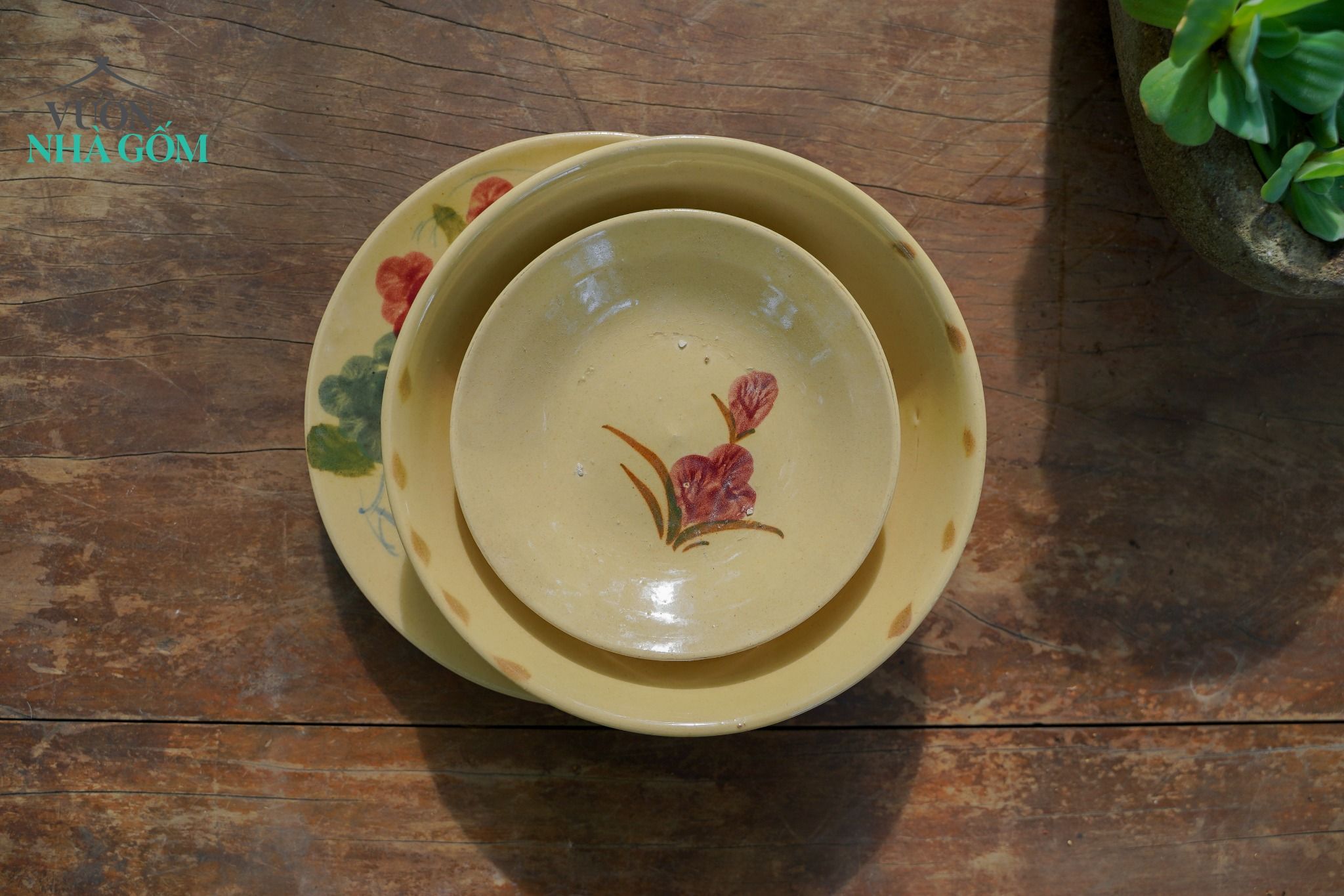 Dĩa hoa nâu nhỏ, chén bát Lái Thiêu, C3xR15 cm