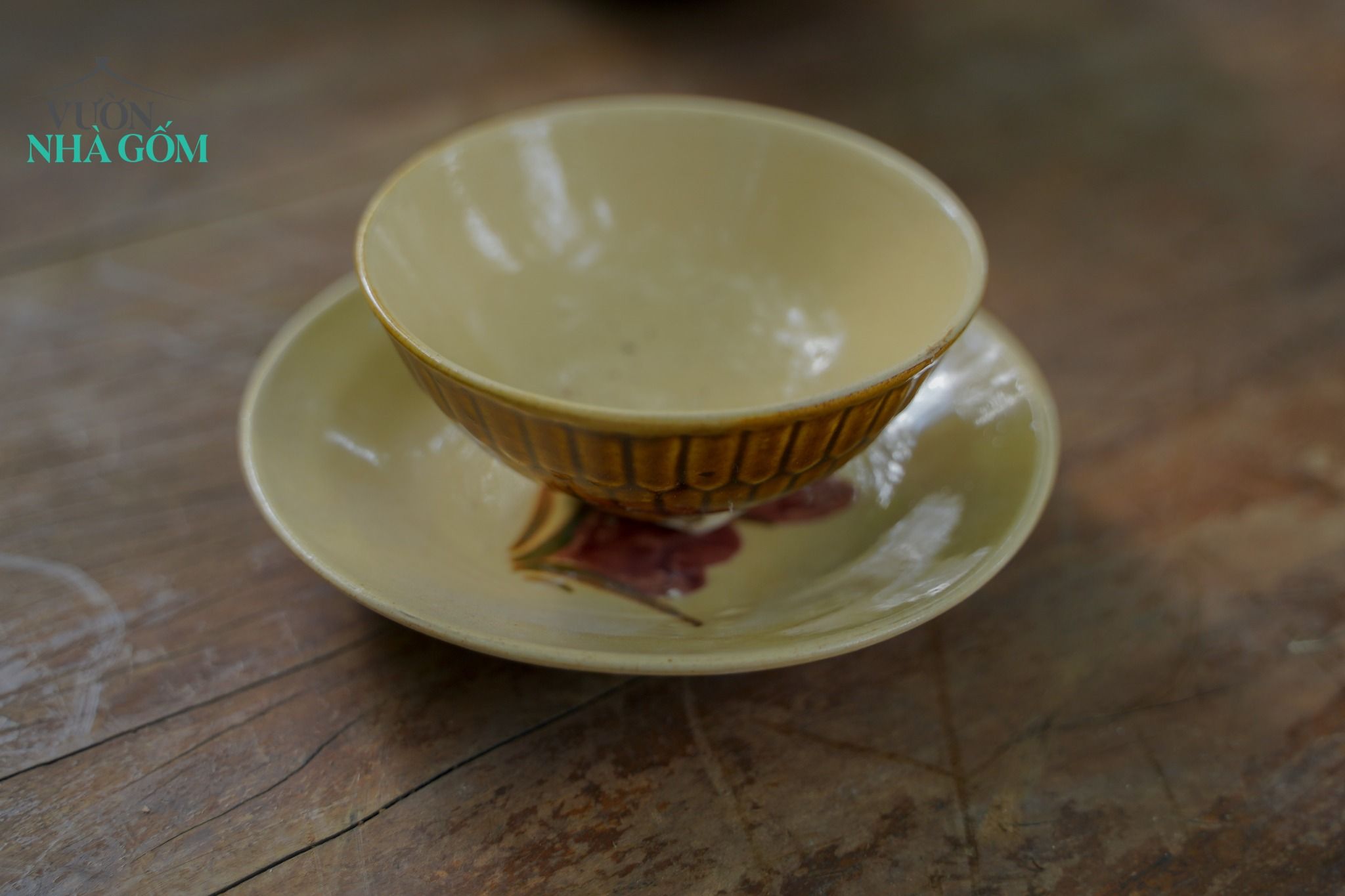 Dĩa hoa nâu nhỏ, chén bát Lái Thiêu, C3xR15 cm