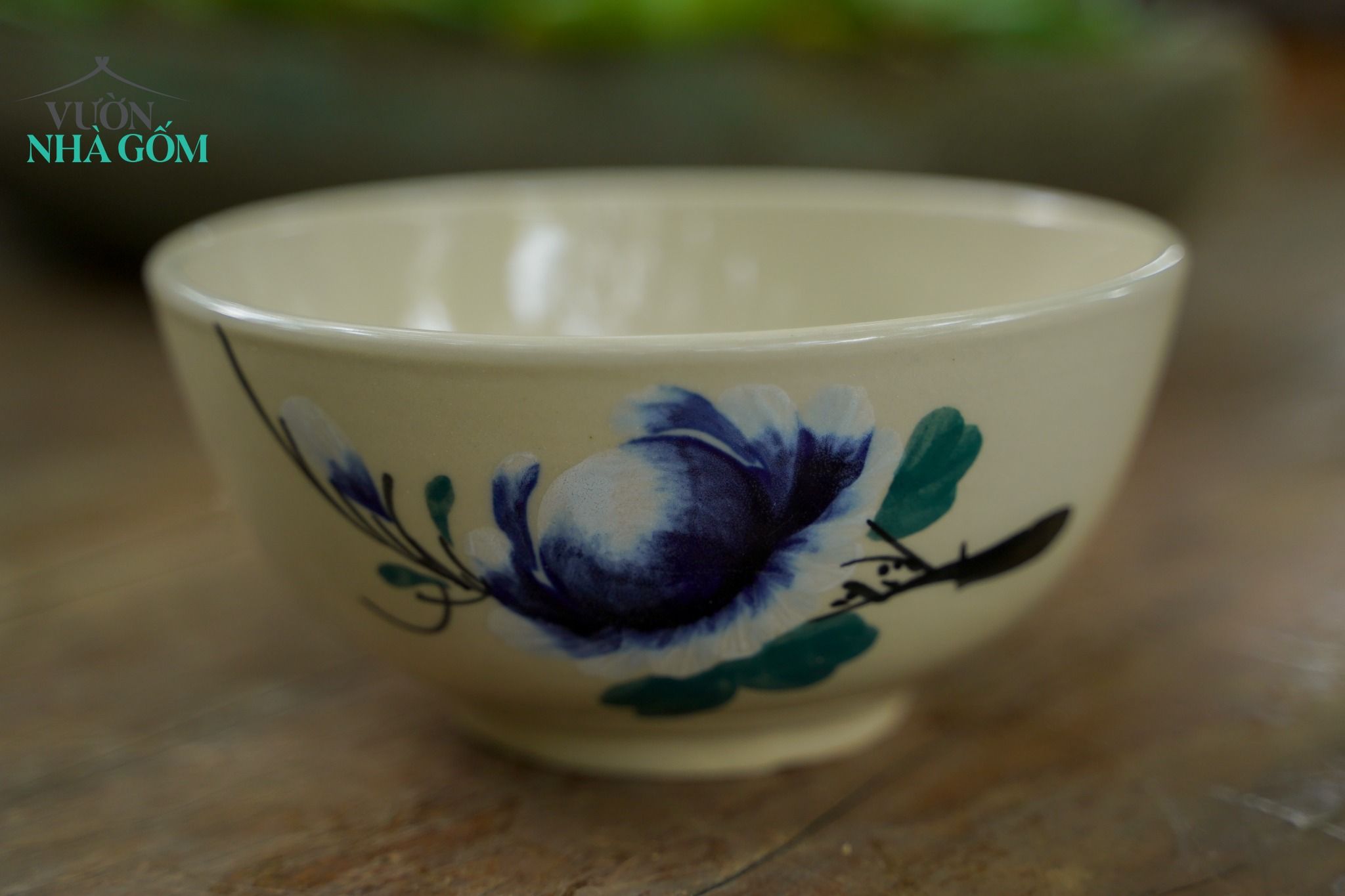 Tô cơm vẽ tay họa tiết bông xanh size lớn, C8xR17 cm