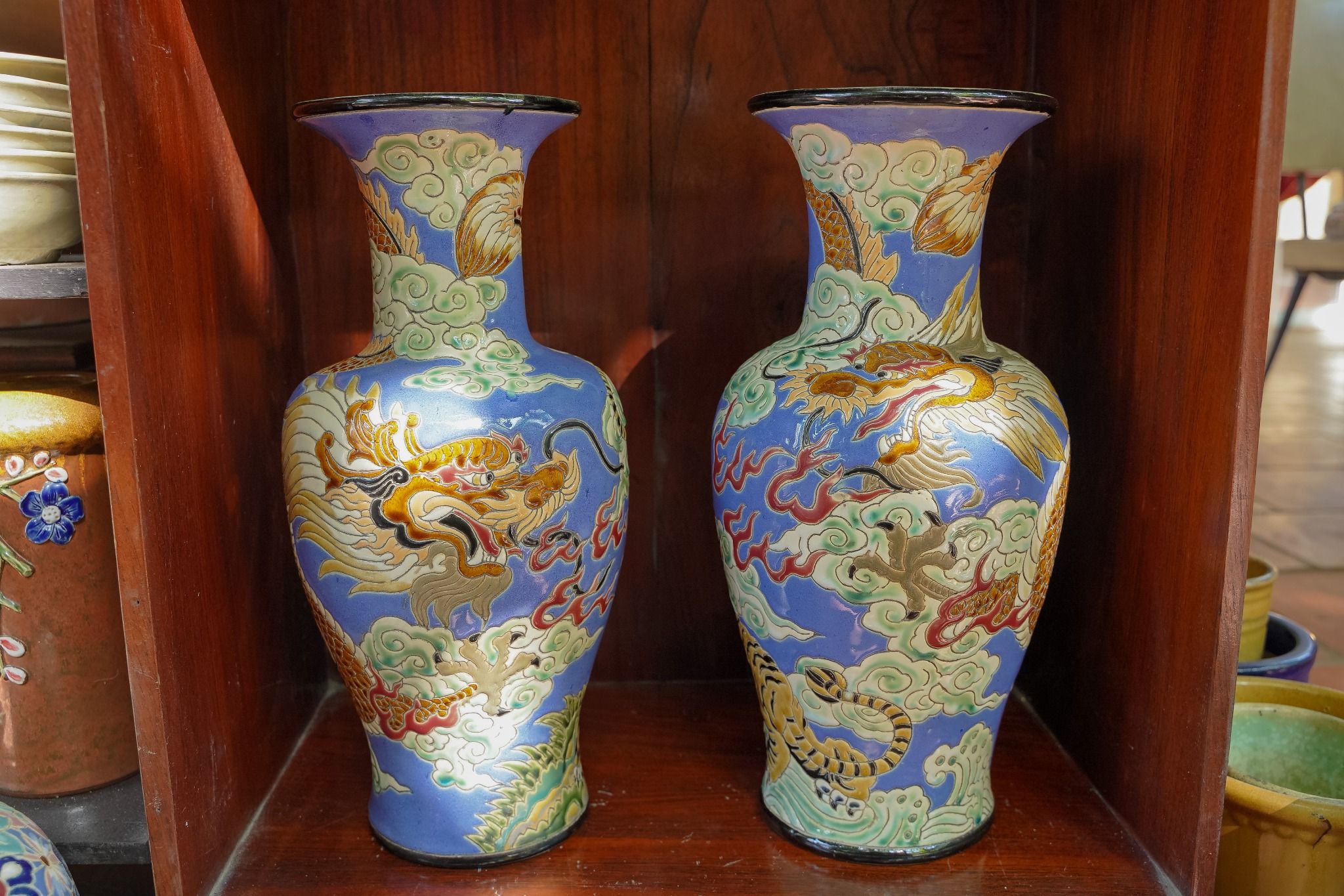 Song Long Quần Mây, nền men tím hổ vàng, H43cm, gốm mỹ nghệ Nam Bộ
