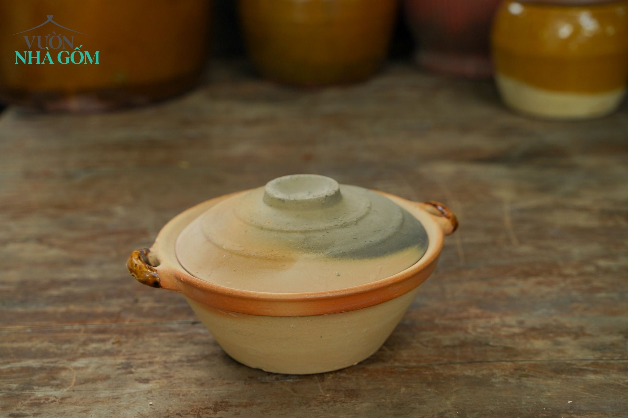 Nồi cơm đất nung có nắp, tráng men lòng có tai, gốm Lái Thiêu Nam bộ, 3 size