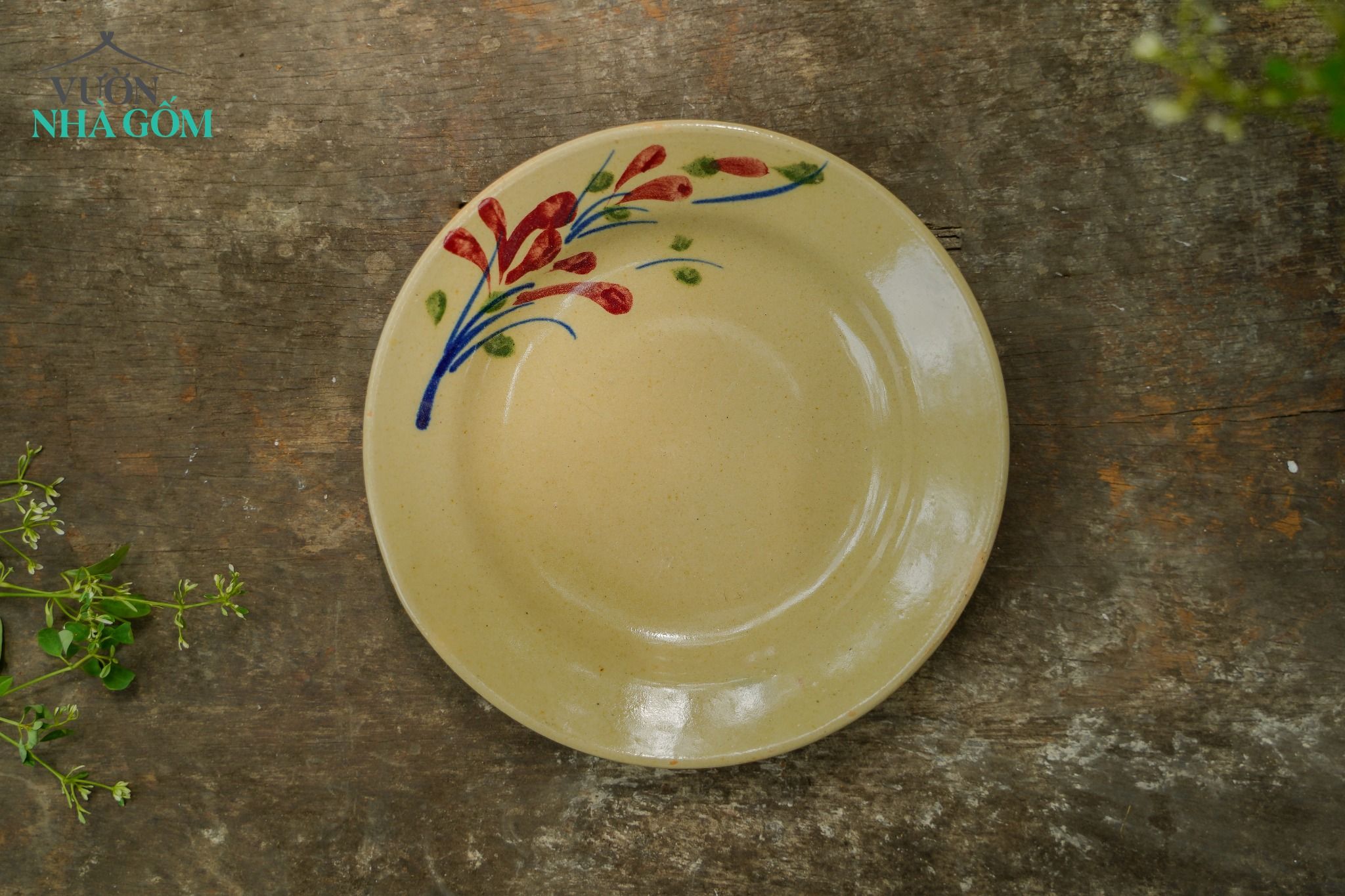 Dĩa trung vẽ họa tiết hoa tím, chén bát Lái Thiêu, R17 x C3cm