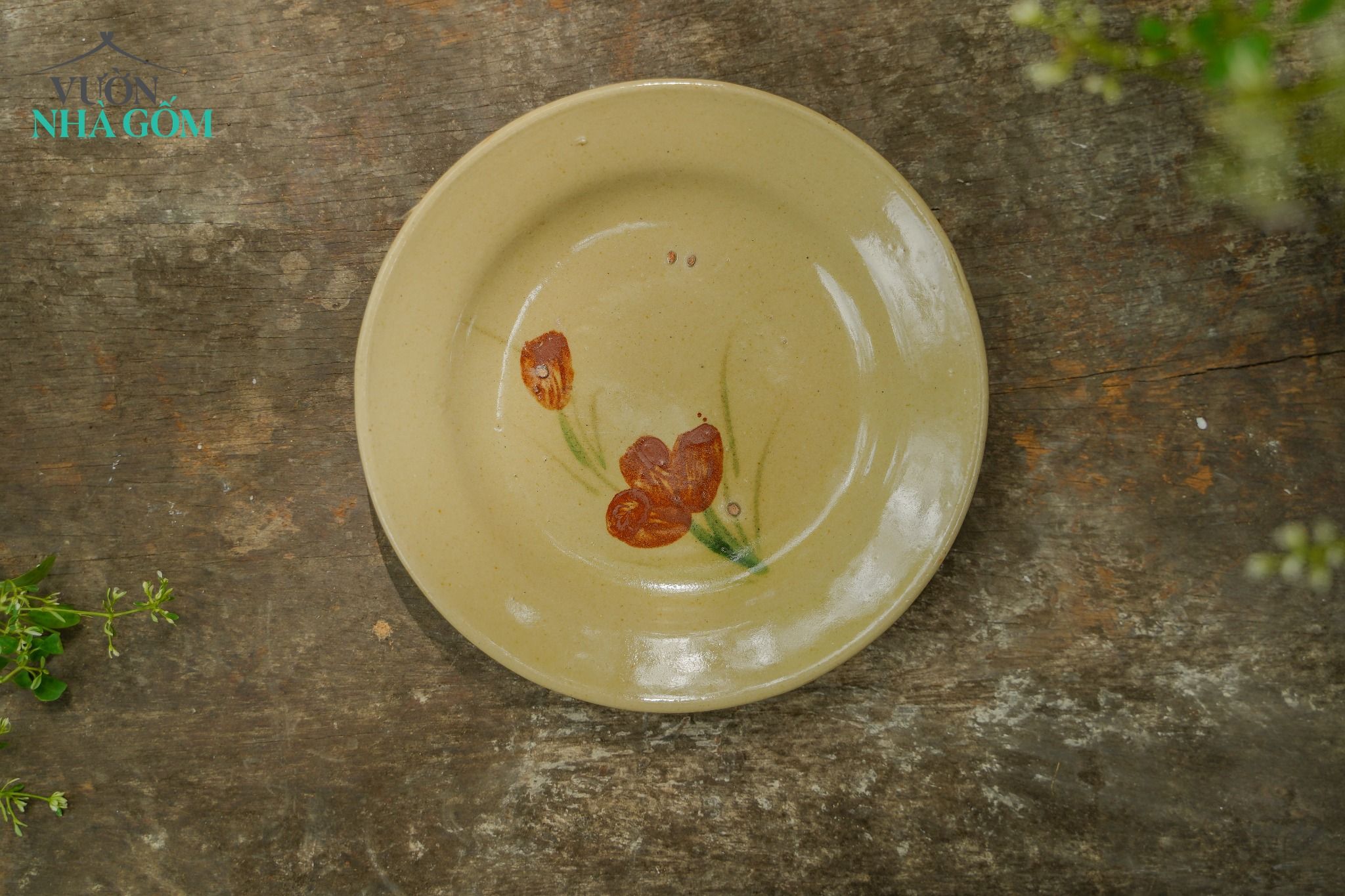 Dĩa hoa nâu nhỏ, chén bát Lái Thiêu, C3xR15 cm