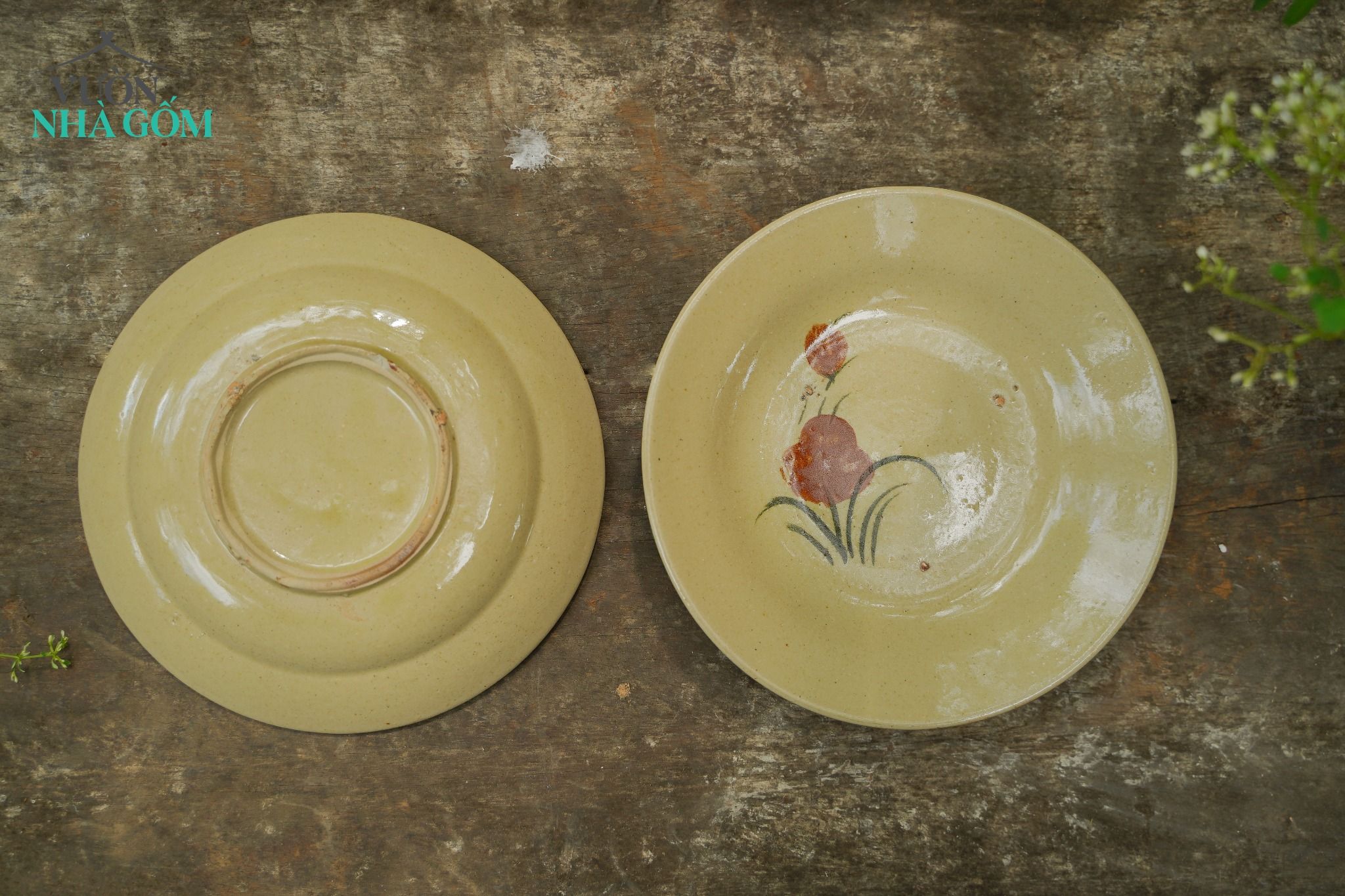 Dĩa hoa nâu nhỏ, chén bát Lái Thiêu, C3xR15 cm