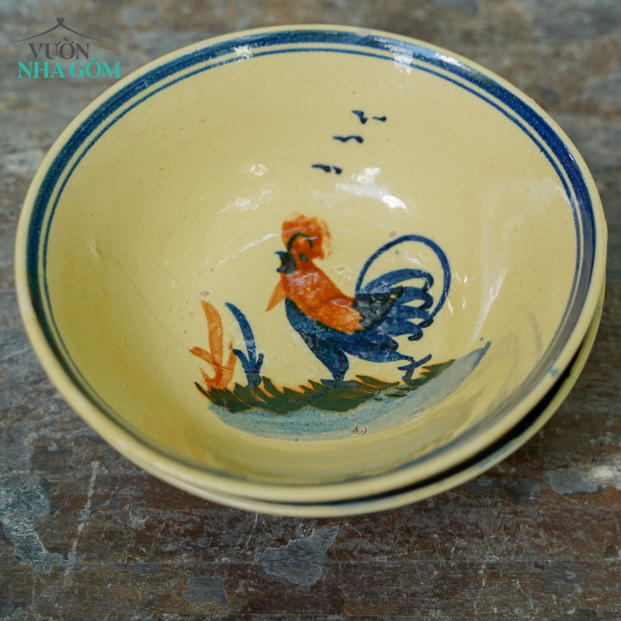 Tô tượng vẽ tay họa tiết con gà, tô mộc nung lò củi, chén bát Lái Thiêu, C7xR20 cm