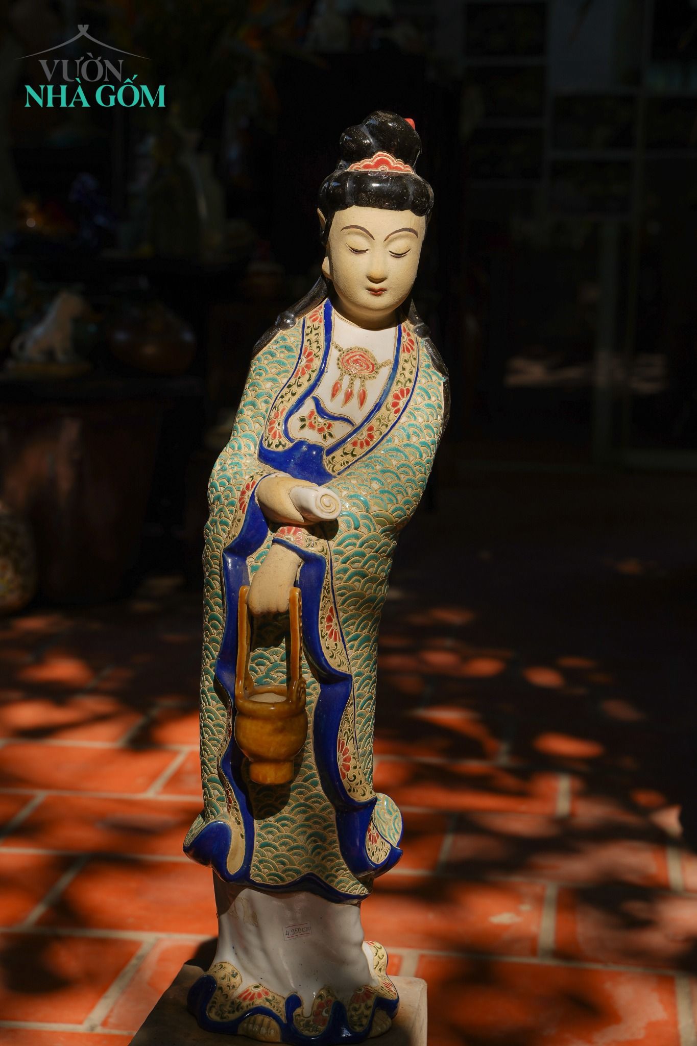 Tượng Quan Âm Giỏ Dâu men xanh đồng, H65cm