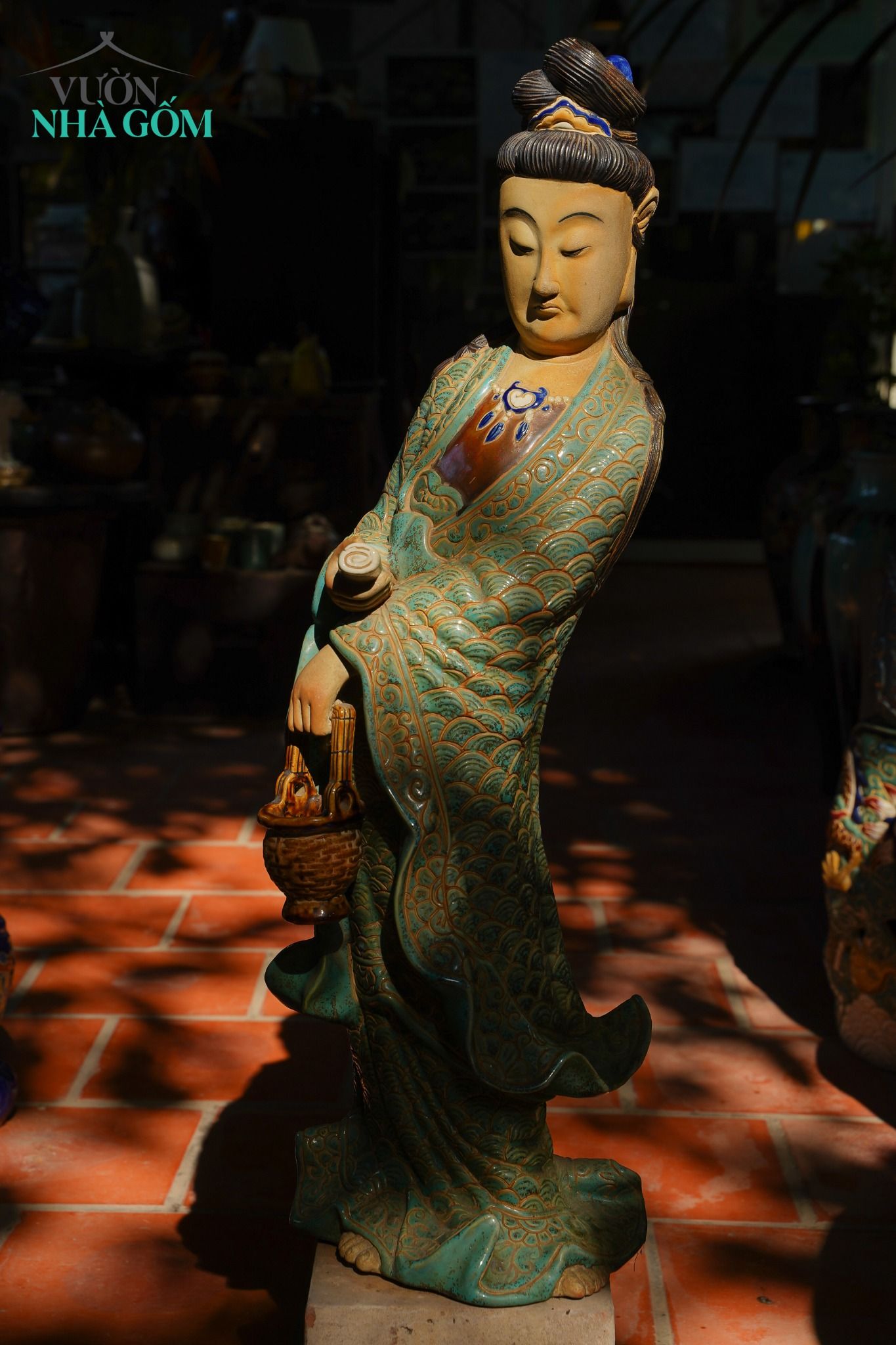 Tượng Quan Âm Giỏ Dâu men xanh đồng, H85cm- 0106gd1031