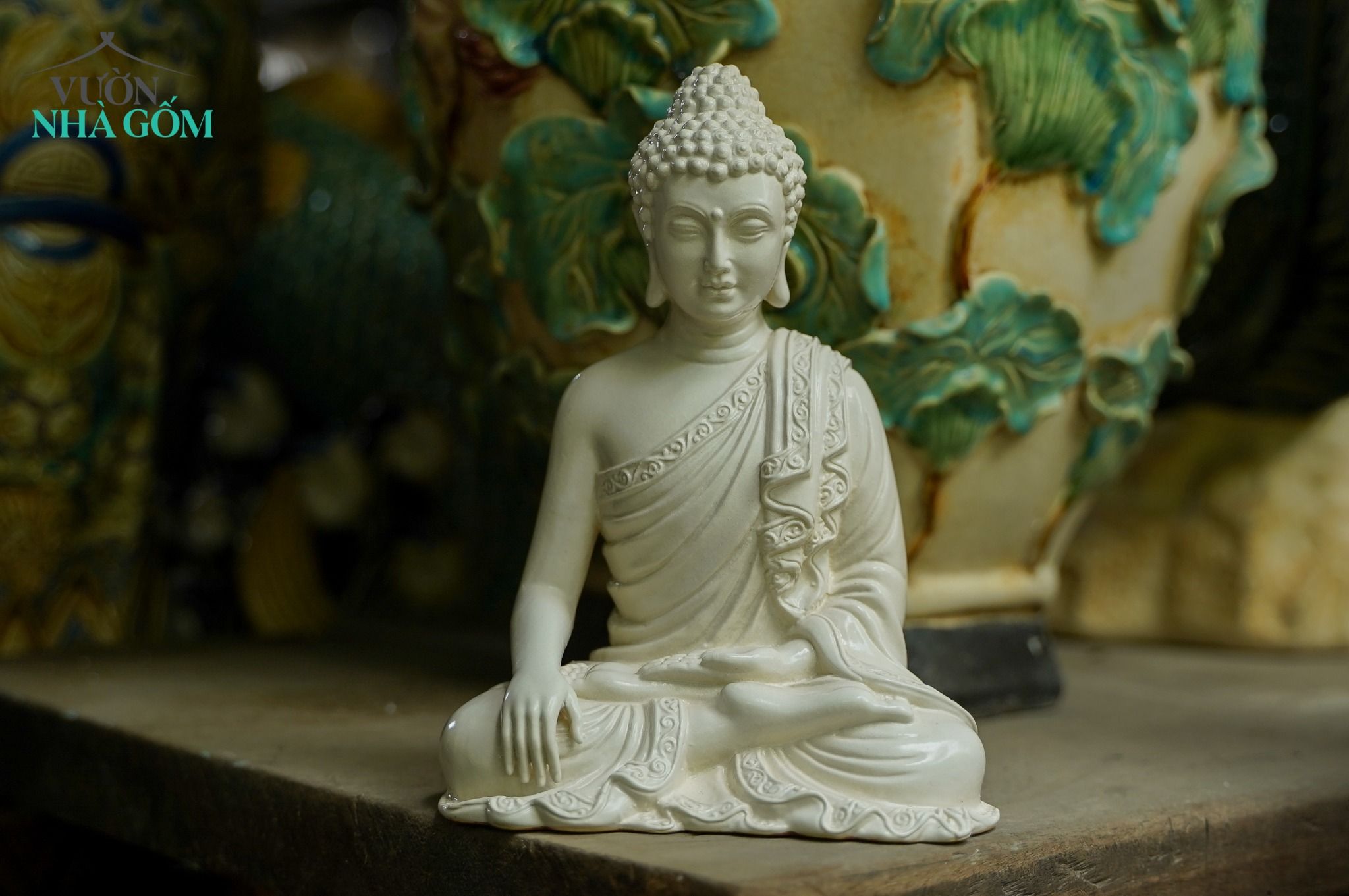 Tượng Phật Thích Ca, xưởng gốm Thủ Biên tạo hình và sáng tác, C19 x R15 cm