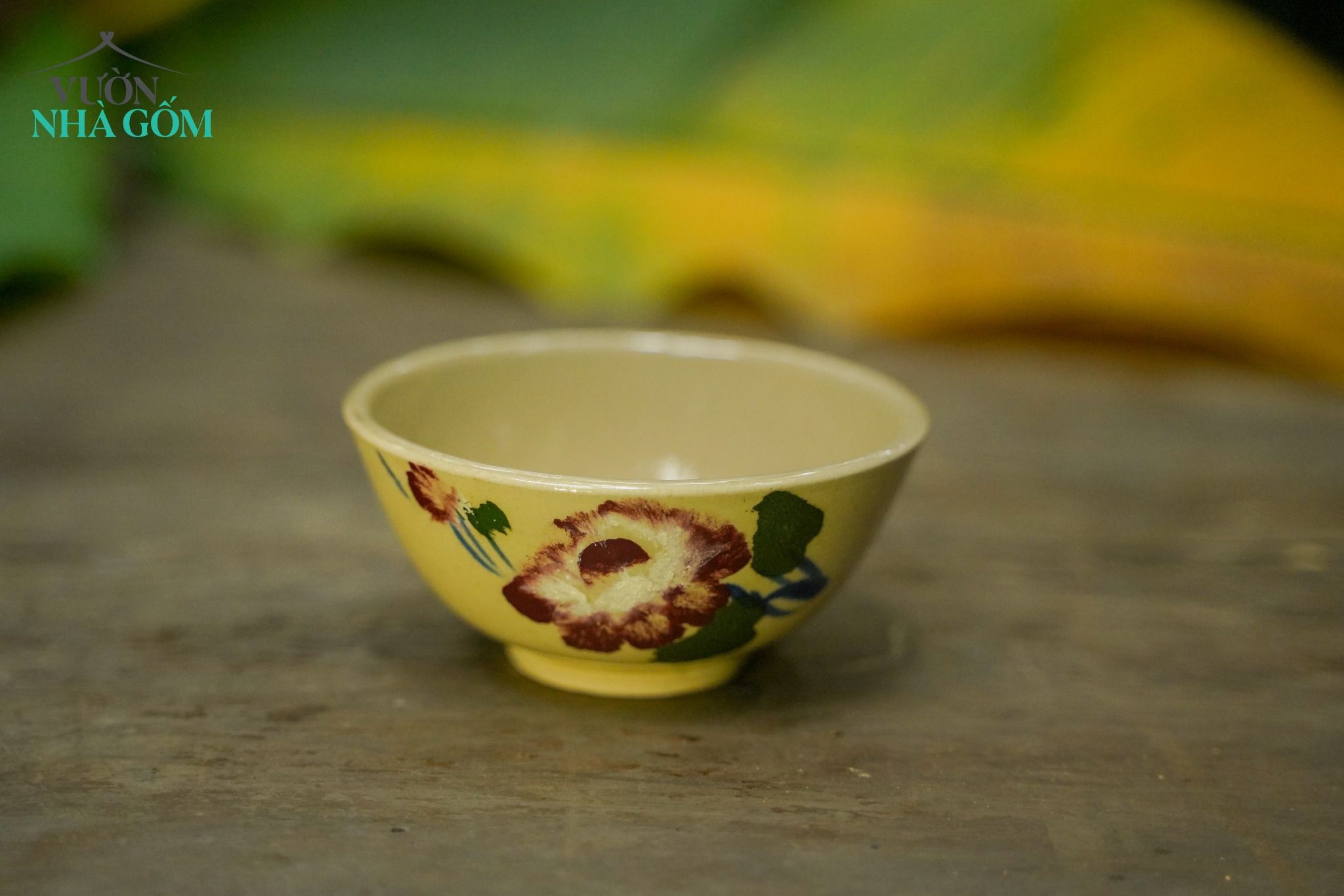 Chén cơm vẽ tay họa tiết hoa nâu, chén bát Lái Thiêu, R12xC5,5cm
