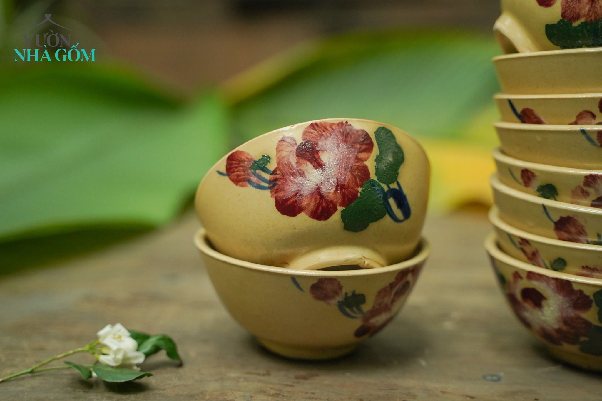 Chén cơm vẽ tay họa tiết hoa nâu, chén bát Lái Thiêu, R12xC5,5cm