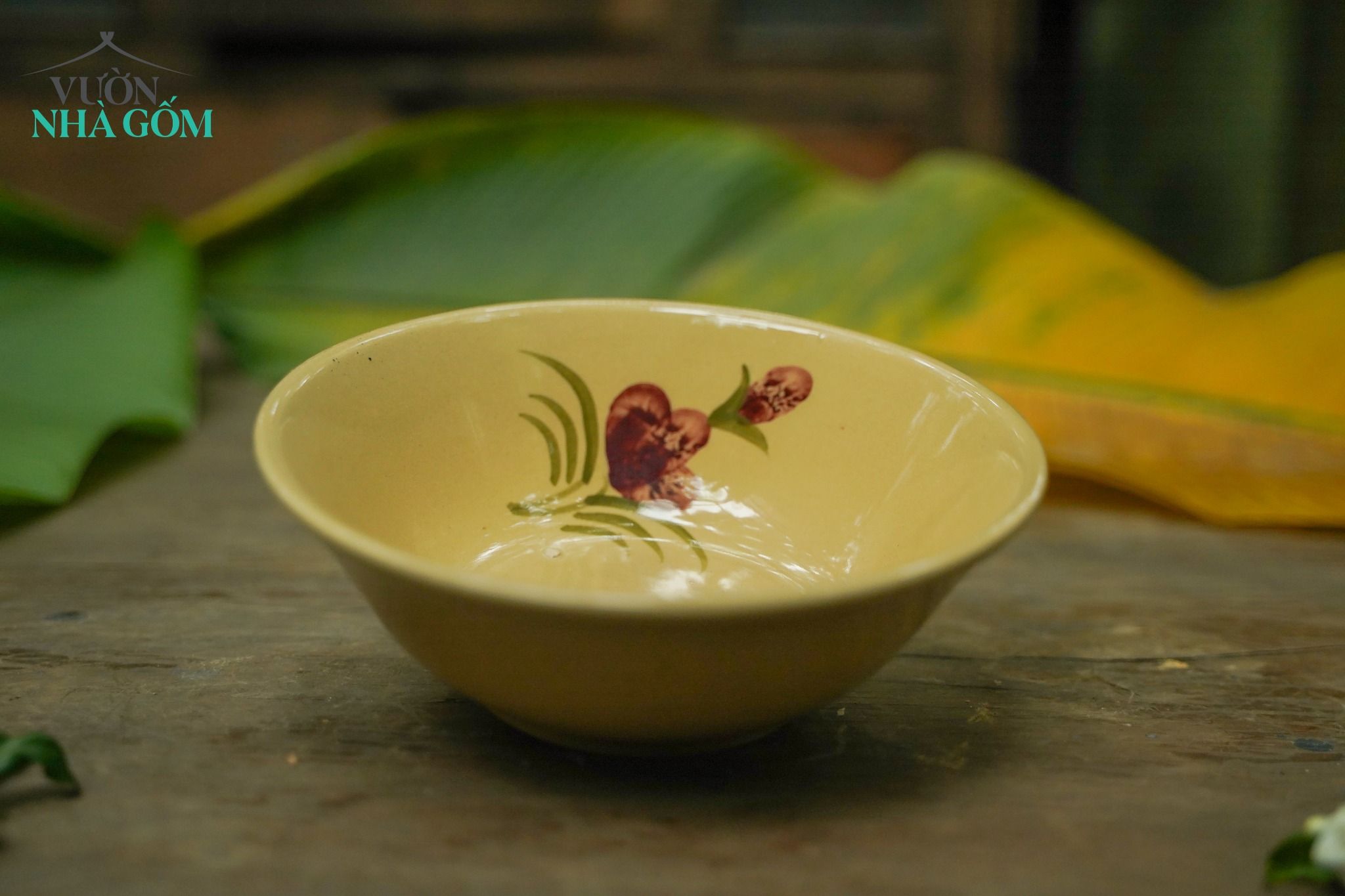 Tô tượng vẽ họa tiết hoa nâu, chén bát Lái Thiêu, C7xR20 cm