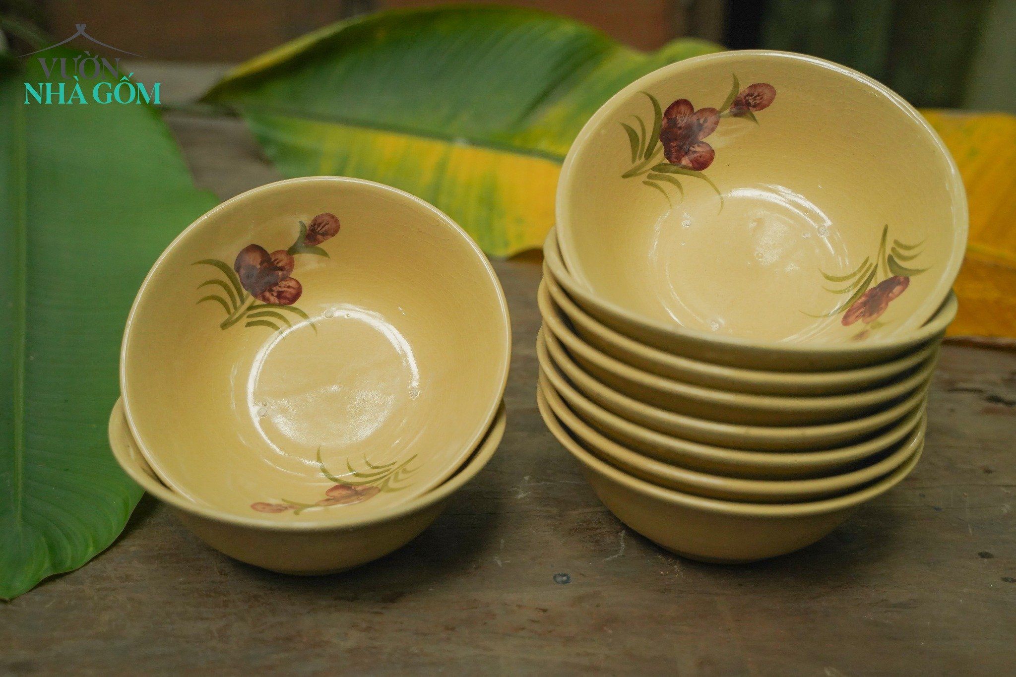 Tô tượng vẽ họa tiết hoa nâu, chén bát Lái Thiêu, C7xR20 cm
