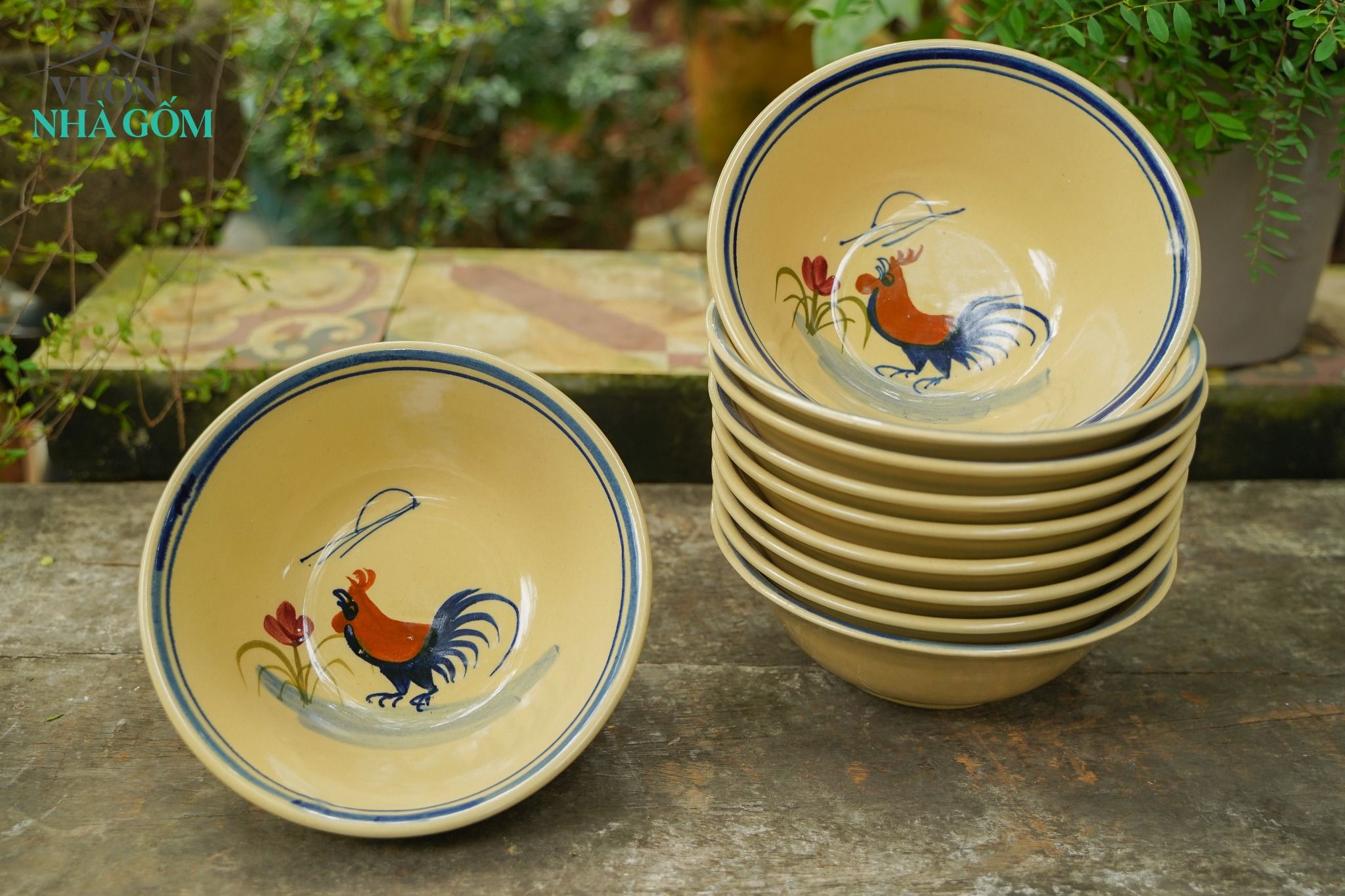Tô tượng vẽ tay họa tiết con gà, chén bát Lái Thiêu, C7xR20 cm- SP001918
