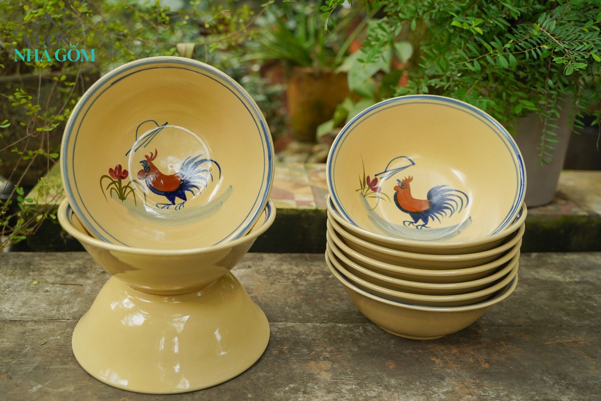 Tô tượng vẽ tay họa tiết con gà, chén bát Lái Thiêu, C7xR20 cm- SP001918