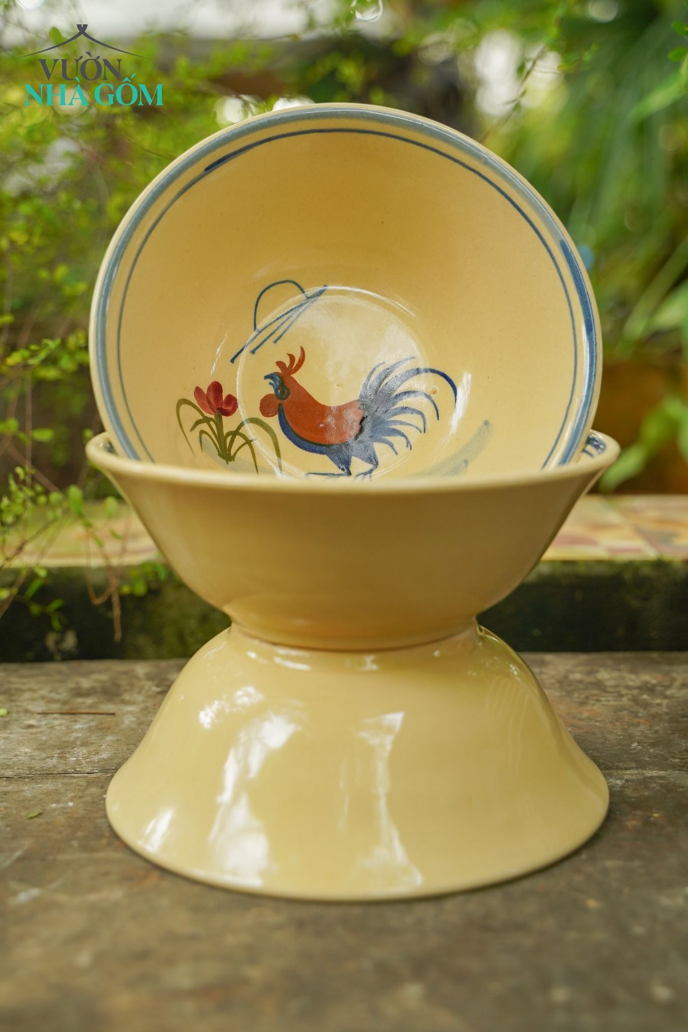Tô tượng vẽ tay họa tiết con gà, chén bát Lái Thiêu, C7xR20 cm- SP001918