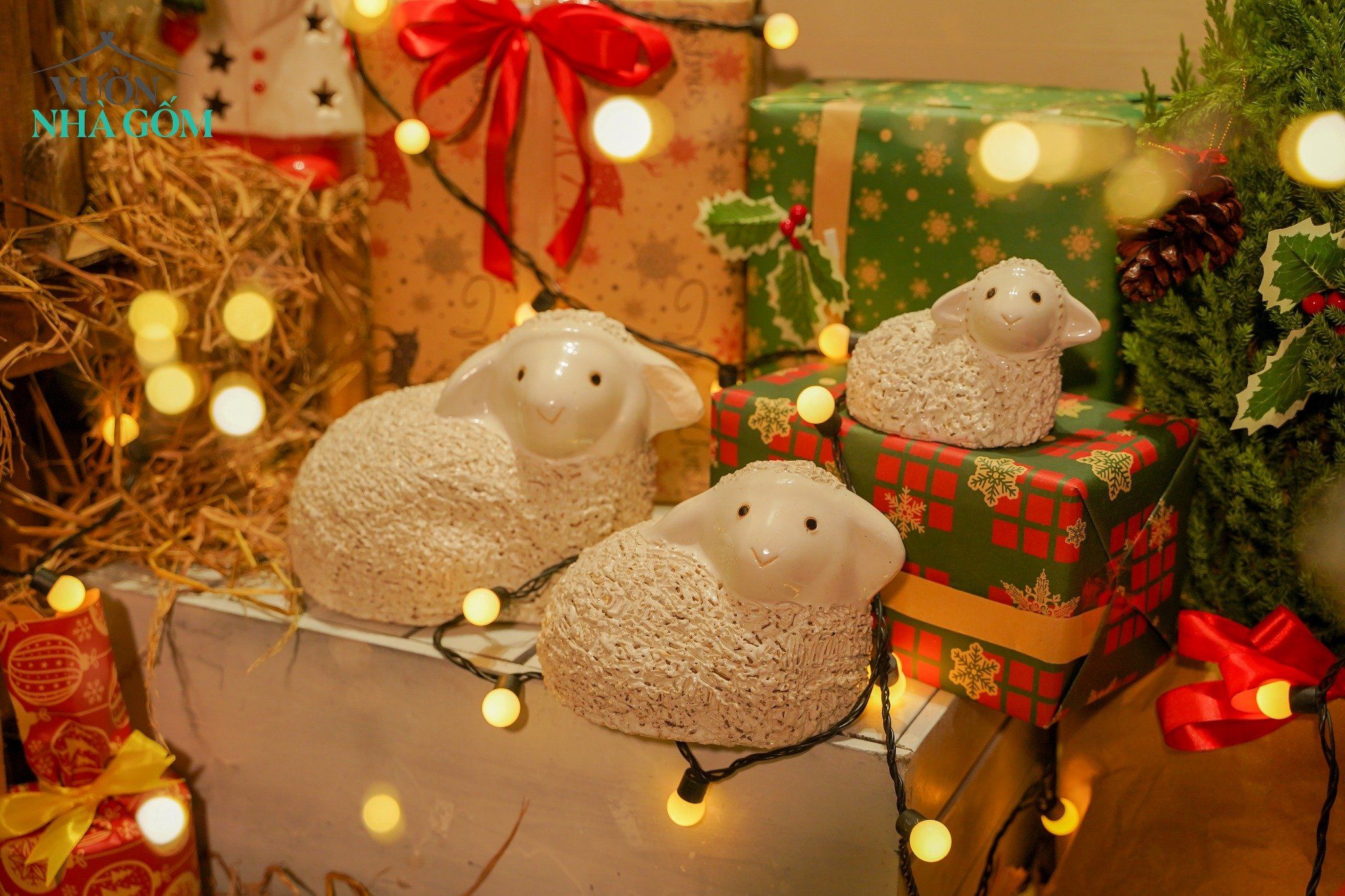  Cừu nằm trắng nhỏ, gốm trang trí Noel và sân vườn, D16xC11 (cm) 