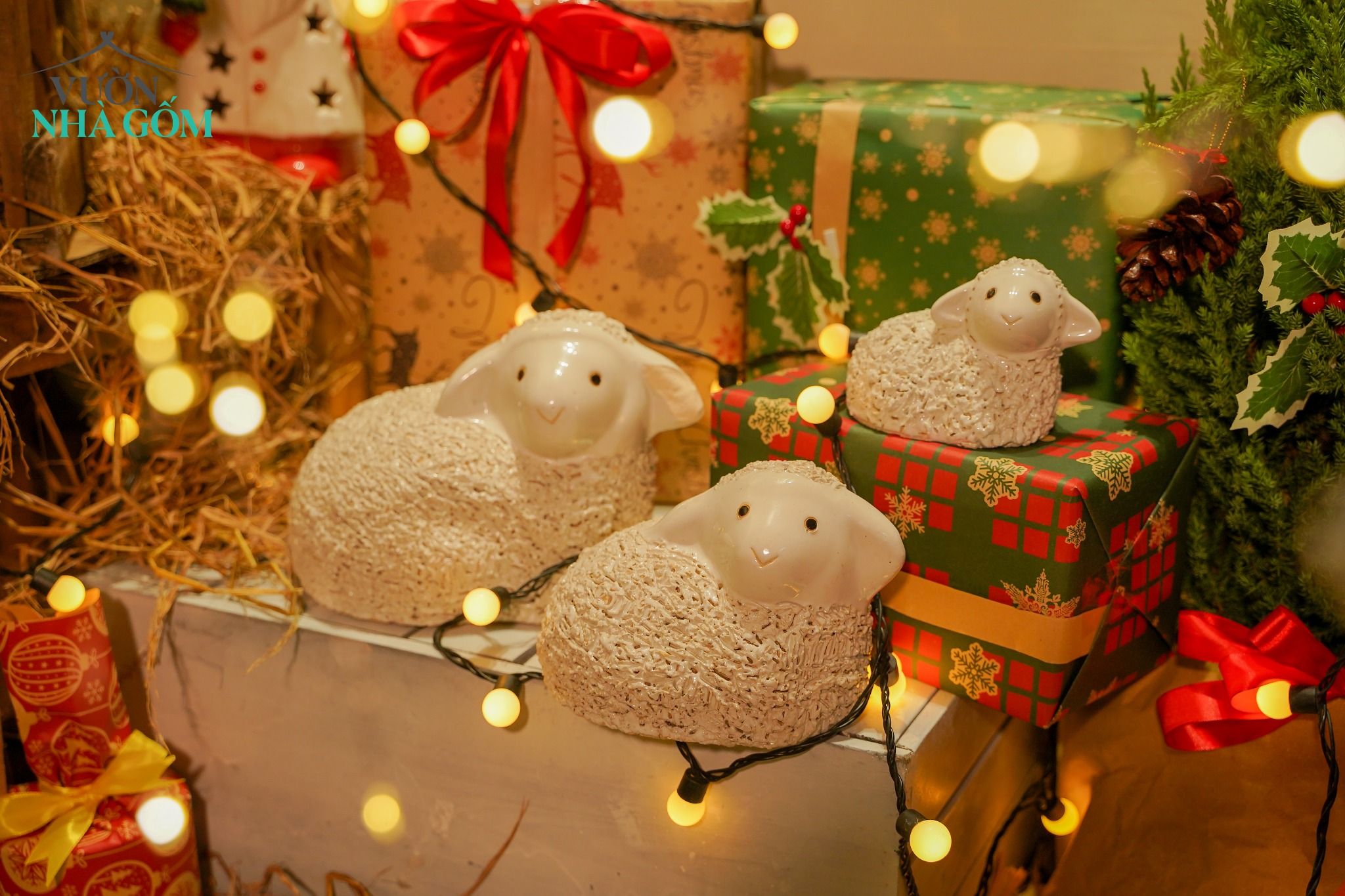 Cừu nằm trắng lớn, gốm trang trí Noel và sân vườn, D27xC19 (cm)