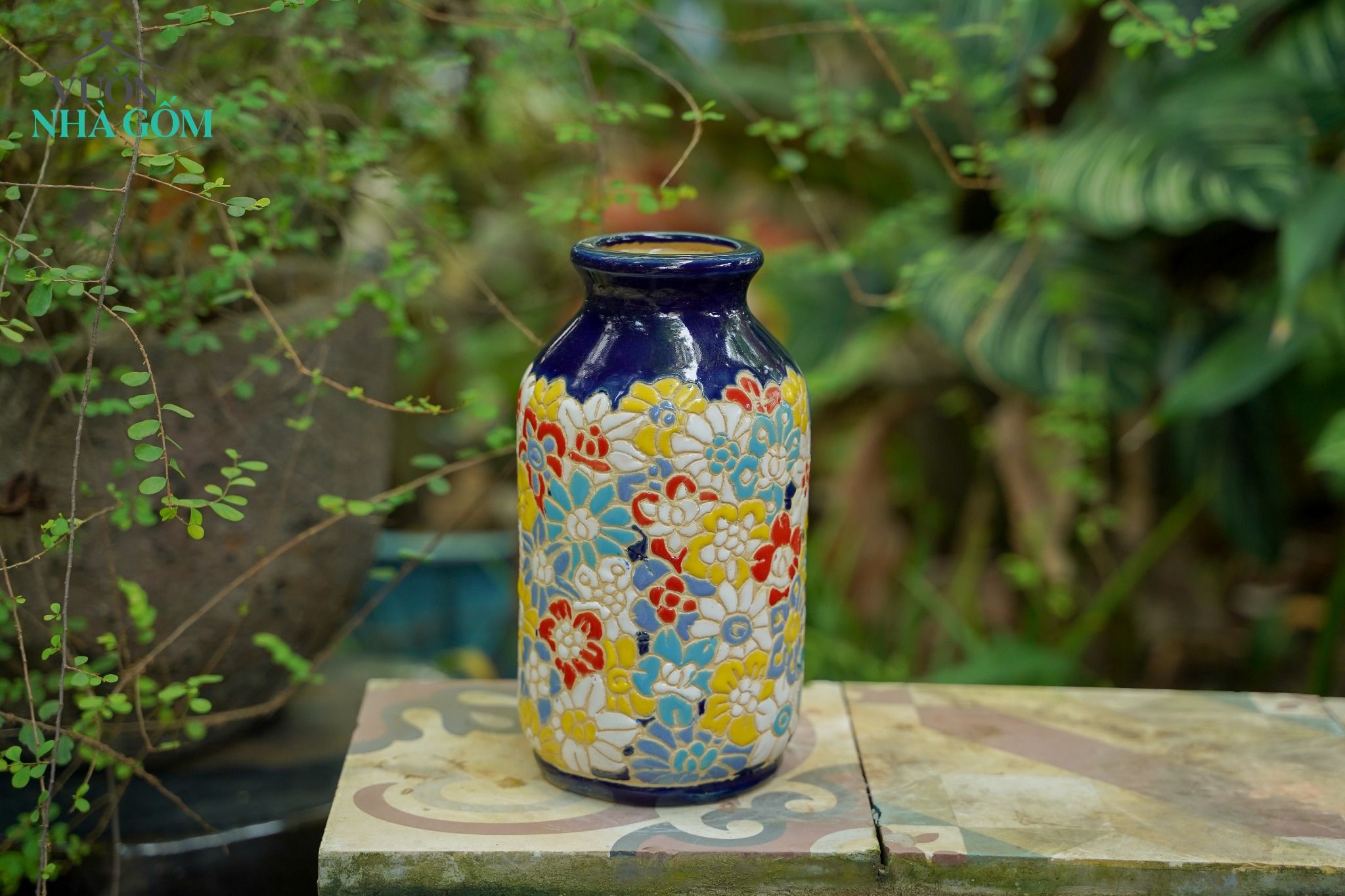  Bình cắm hoa, họa tiết khắc chìm Bách Hoa, C21xR7, gốm mỹ nghệ 
