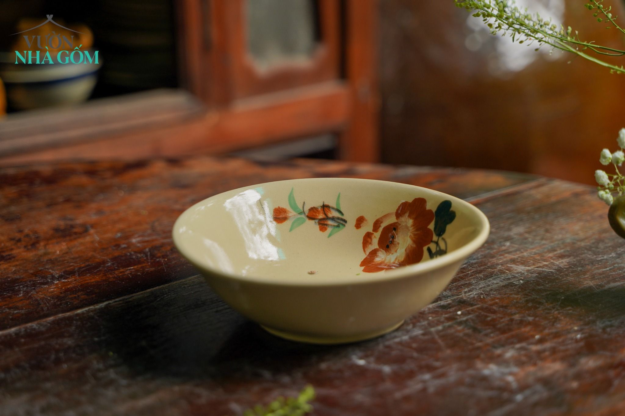 Tô cơm nhỏ vẽ tay họa tiết bông nâu, chén bát Lái Thiêu, R18xC6cm