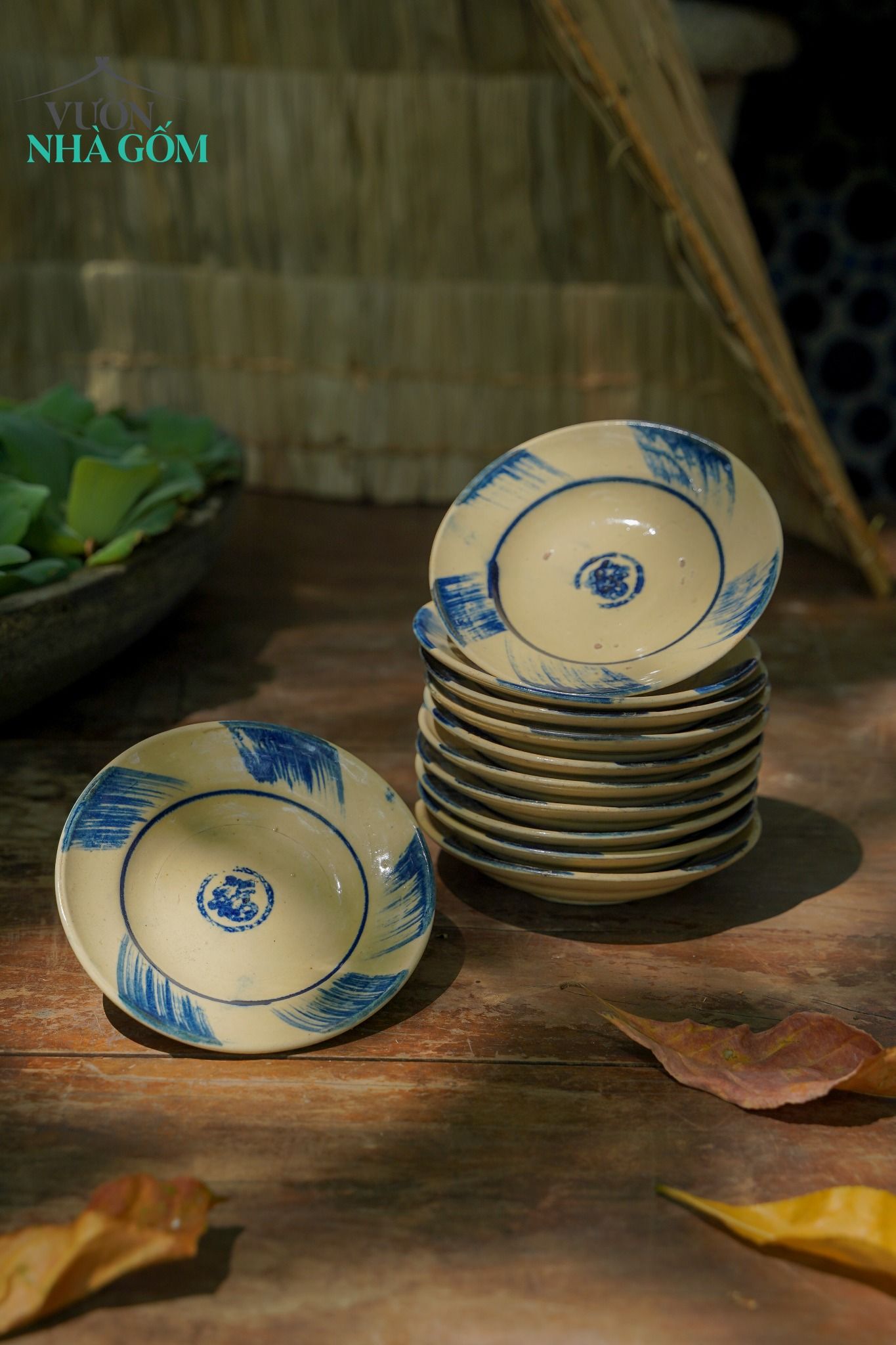Dĩa phết xanh nhỏ, chén bát Lái Thiêu nung củi, R15xC3