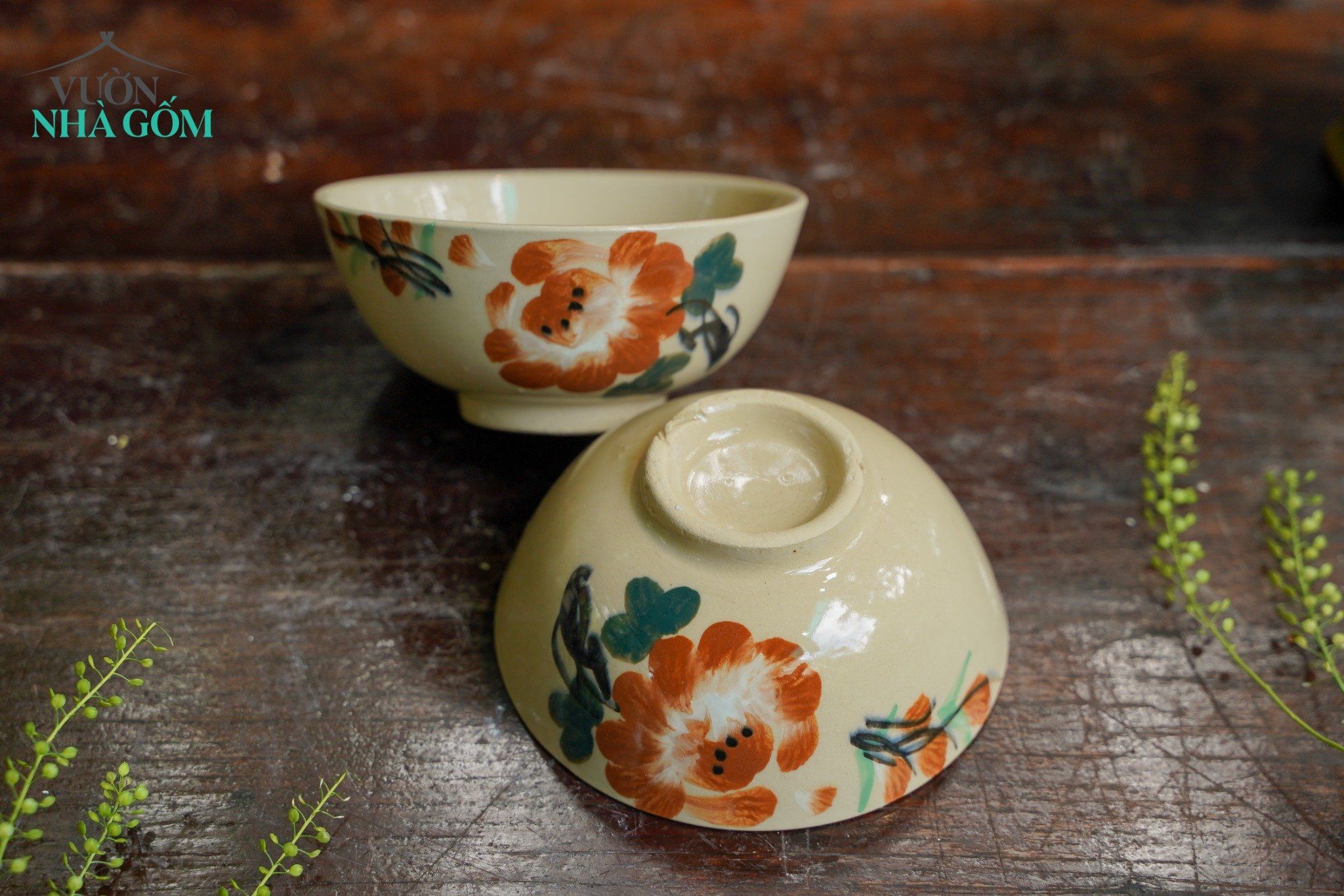 Chén cơm vẽ tay họa tiết bông nâu, chén bát Lái Thiêu, R11xC5cm